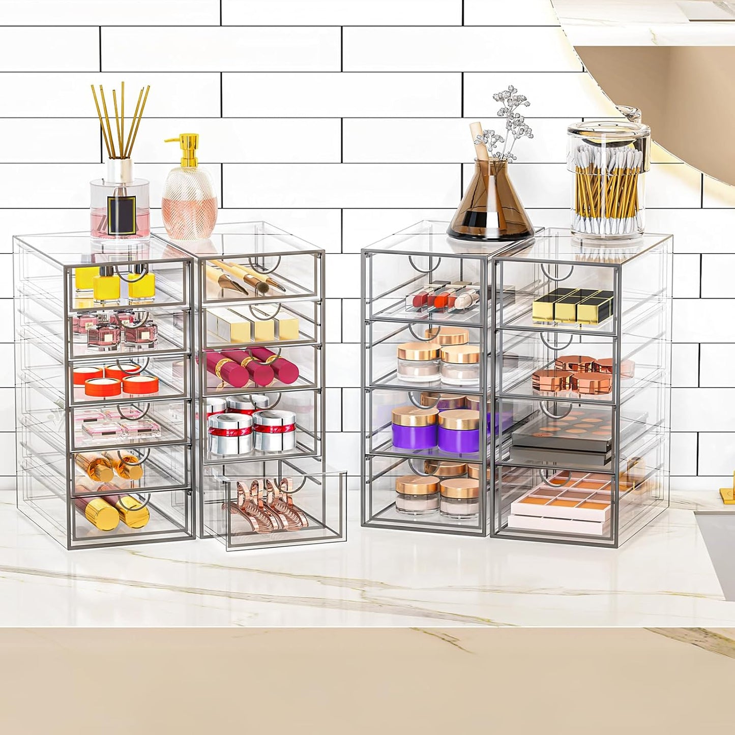 Acrylic Makeup Organizer with 19 Drawers, 4 Pack Clear Storage Drawers, Bathroom Makeup Organizer for Palettes, Cosmetic, and Beauty Supplies,Ideal for Vanity, Cabinet,Desk Organization