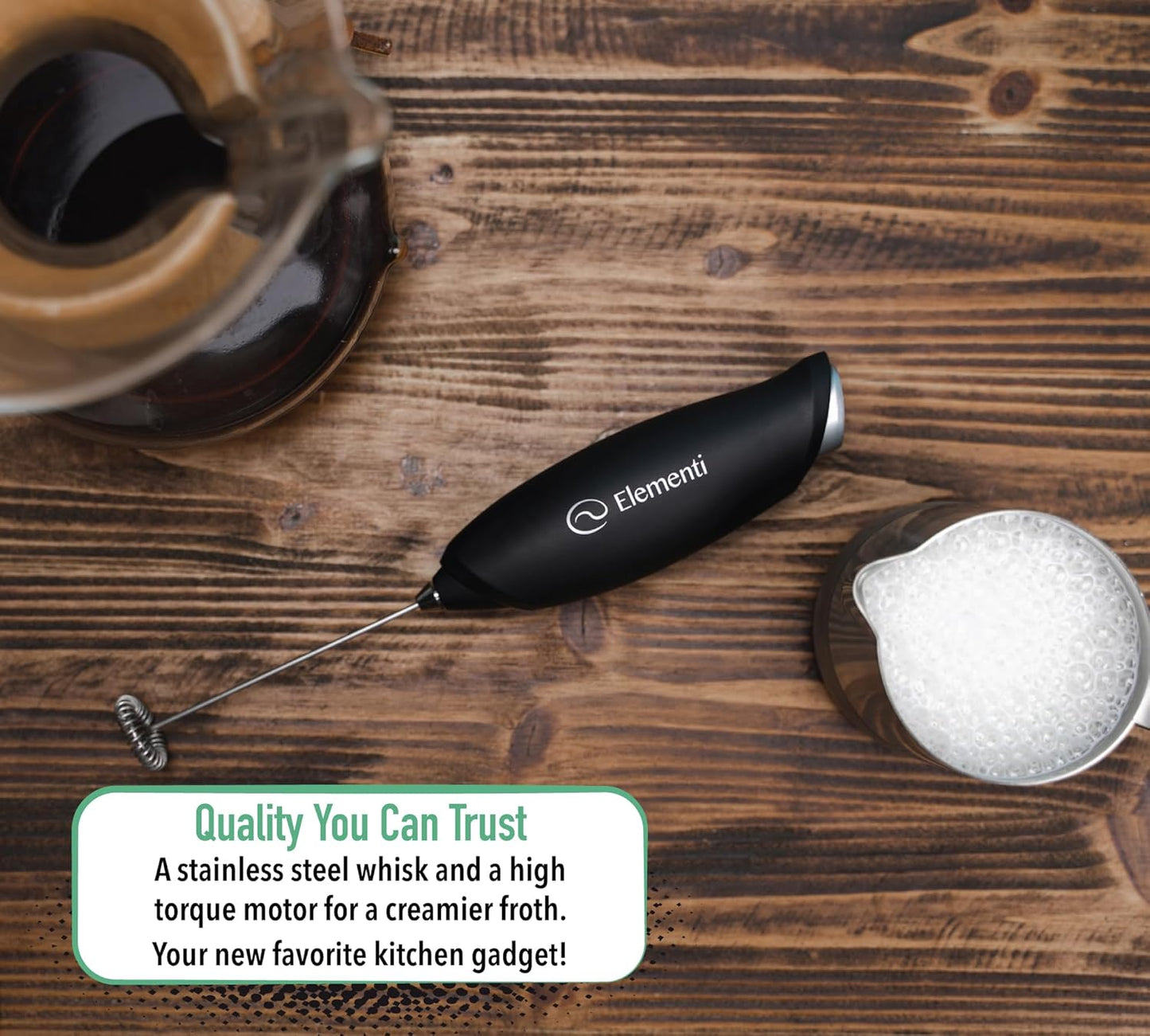 Elementi Milk Frother Wand - Coffee Frother Handheld - Drink Mixer - Coffee Mixer Wand - Cold Foam Maker - Electric Stirrer for Drinks (Black)