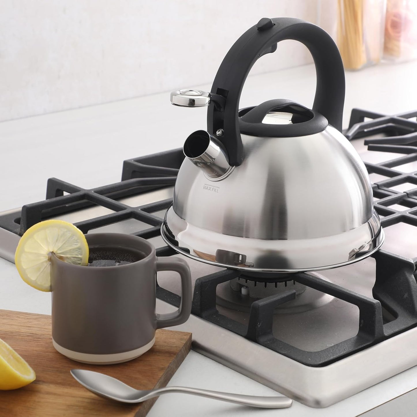 Mr. Coffee Hartbay 2.4 Quart Whistling Tea Kettle, Large Stainless Steel Stovetop Kettle, Durable Fast-Boil Tea Pot