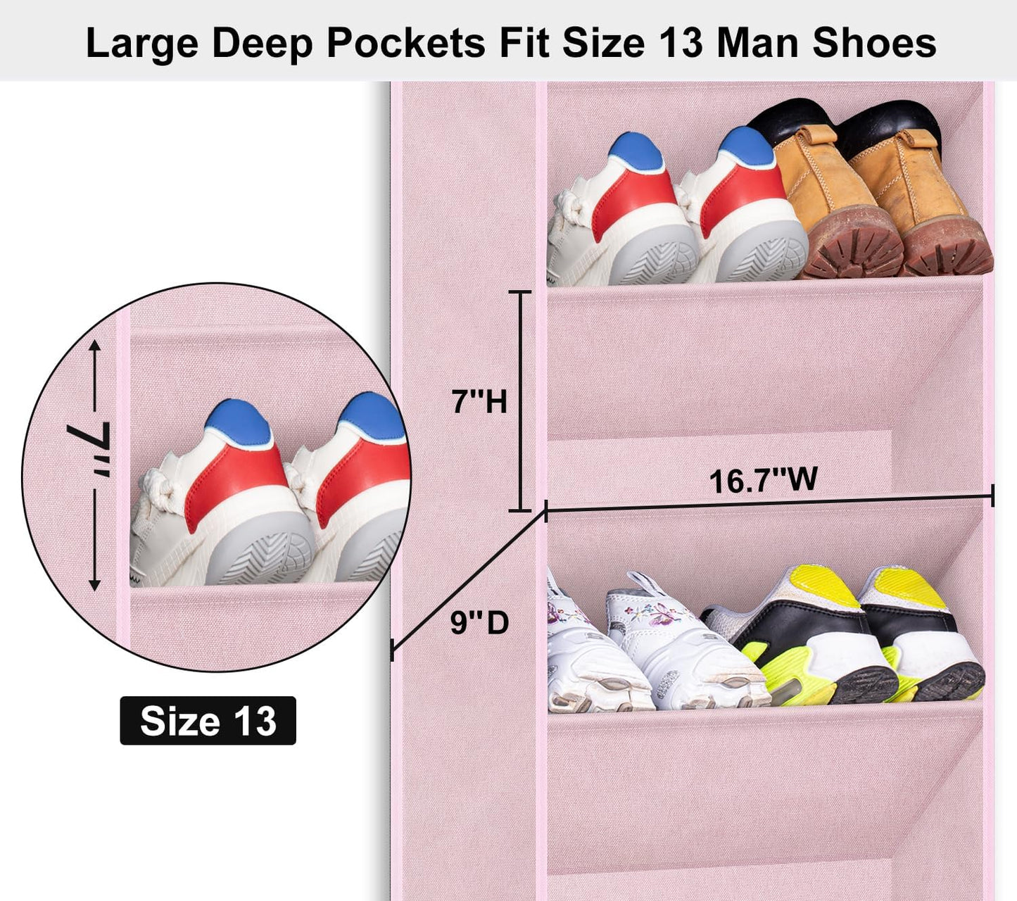 SLEEPING LAMB Over The Door Shoe Rack with Large Deep Pockets, Kids Shoe Organizer for Closet Door, Narrow Hanging Boots Storage, Pink