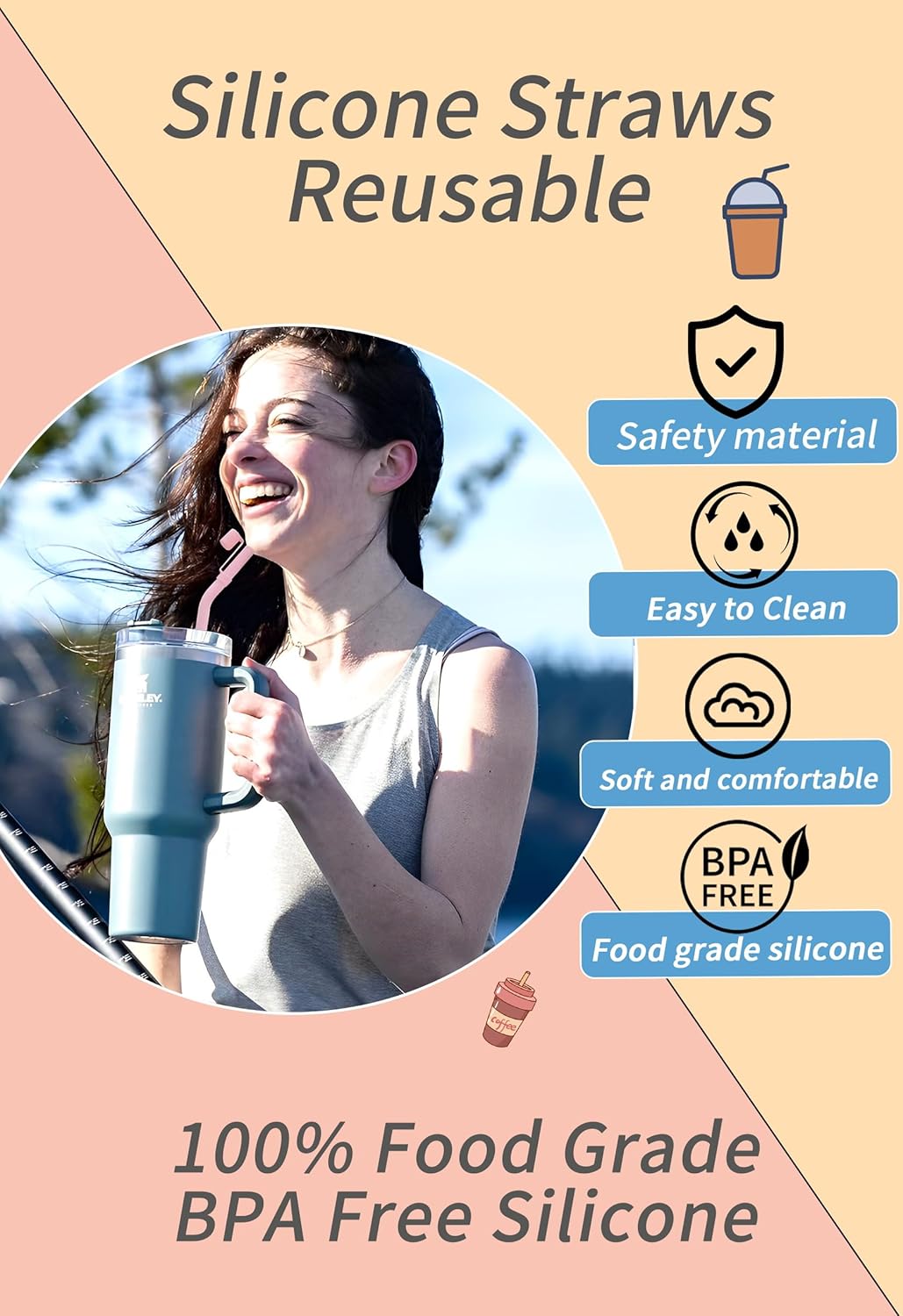 Doboli Replacement 13 inch Long Silicone Straw With Straw Cover,Compatible with Stanley Owala 40 oz 30 oz Cup Tumbler, 6 Pack Reusable Bent Straw with Cleaning Brush,for Stanley Tumbler Accessorie