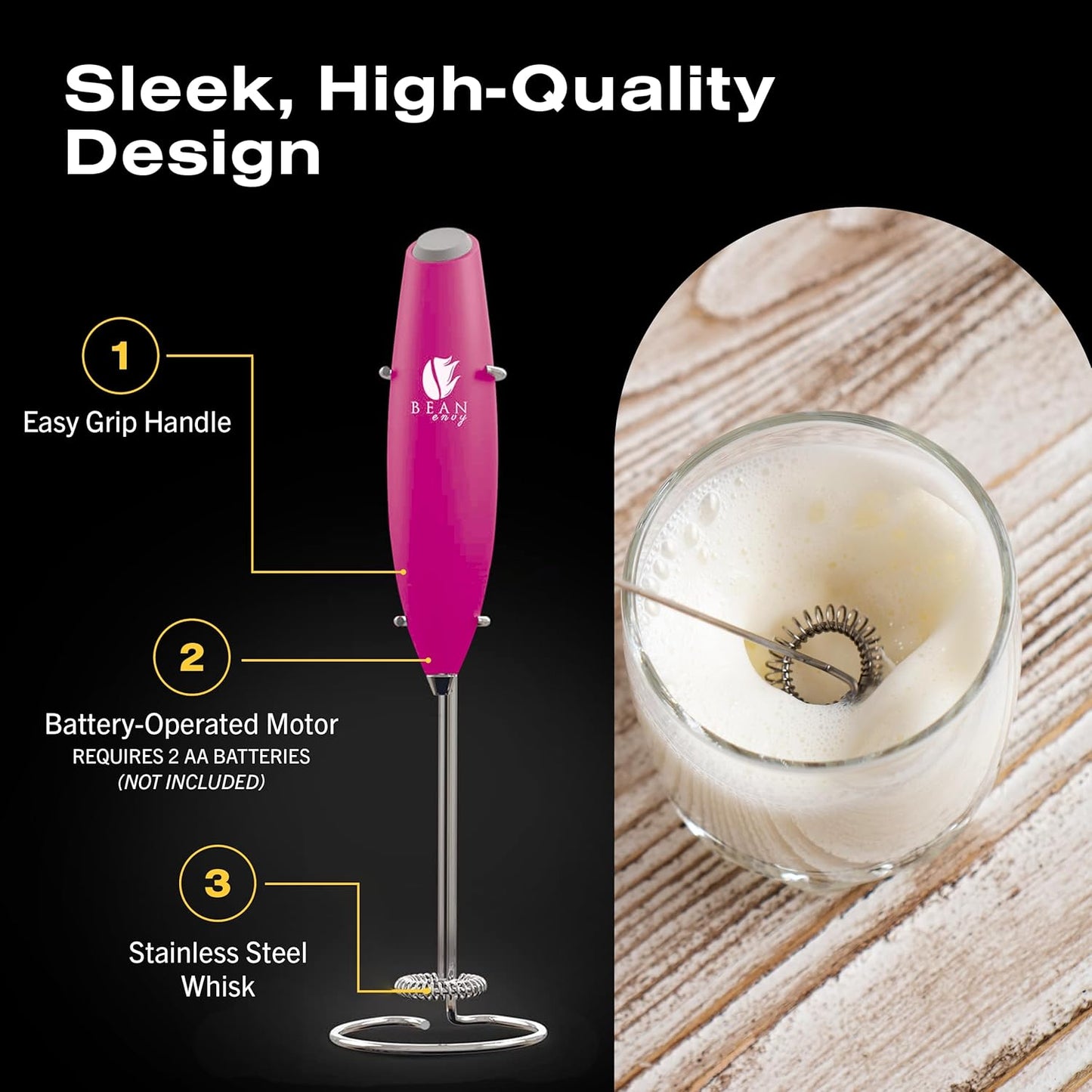 Bean Envy Milk Frother, Coffee Stirrers, Frother Wand, Milk Frother Handheld, Frother with stand, Hand Blender for Coffee, Lattes, Cappuccino, Matcha and Hot Chocolate – Kitchen Gifts (Raspberry)