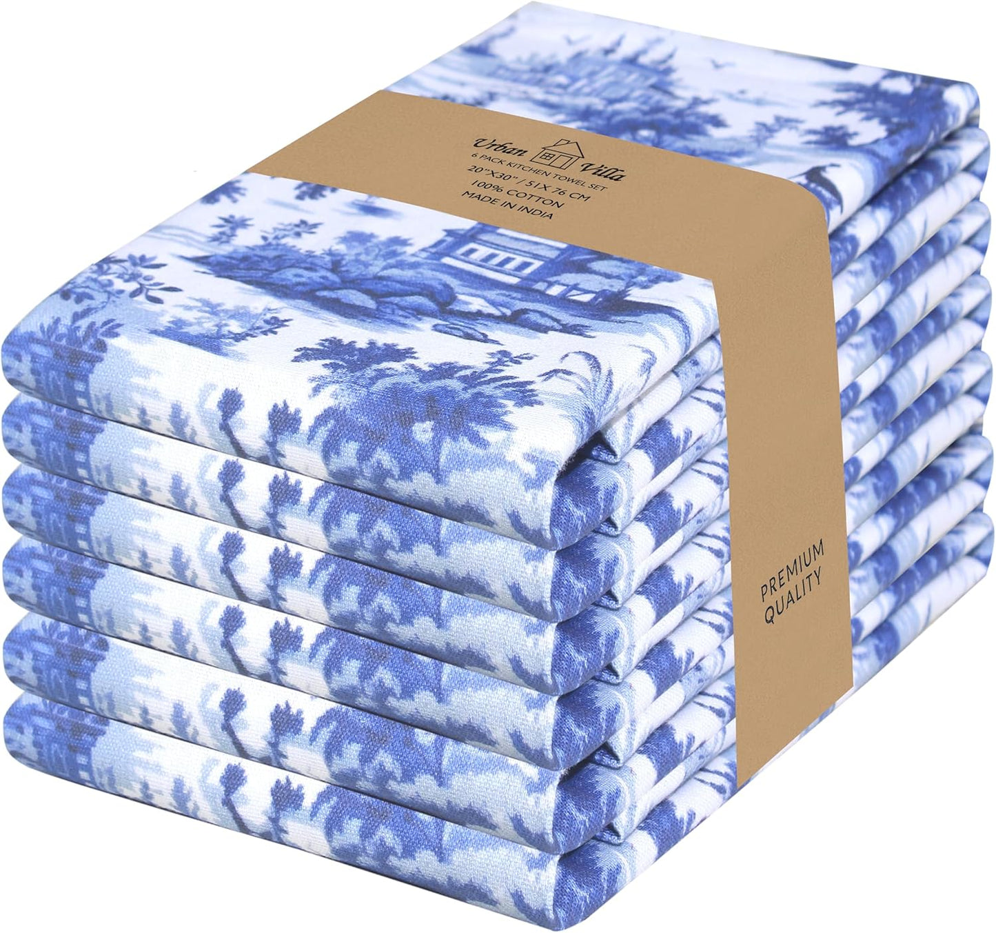 Urban Villa Kitchen Towels Set of 6 French Toile Kitchen Towels 20X30 Inches 100% Cotton Highly Absorbent Kitchen Towels Premium Quality Ultra Soft Mitered Corners KitchenTowels