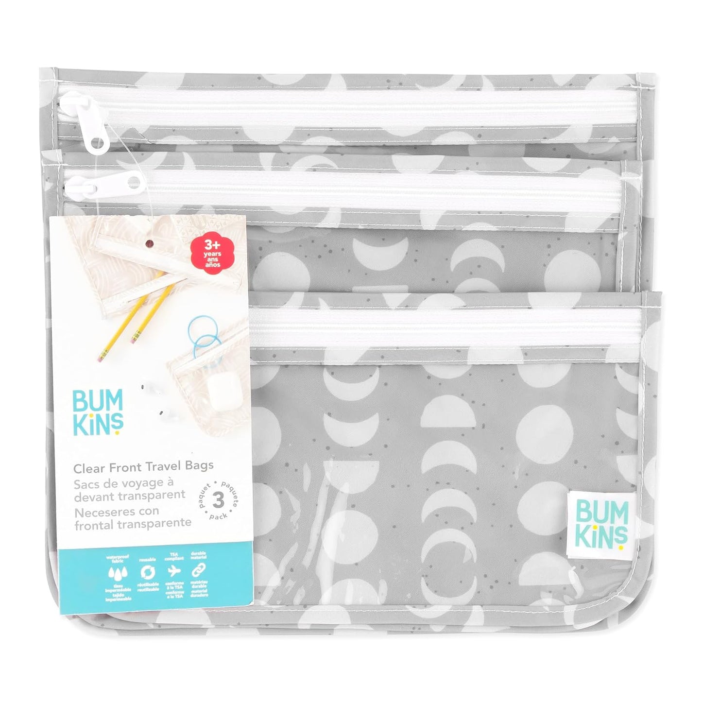 Bumkins Travel Bag, Toiletry, TSA Approved Packing Pouch, Zip Bag, Quart Size Airline Compliant, Clear-Sided, Set of 3 Sizes