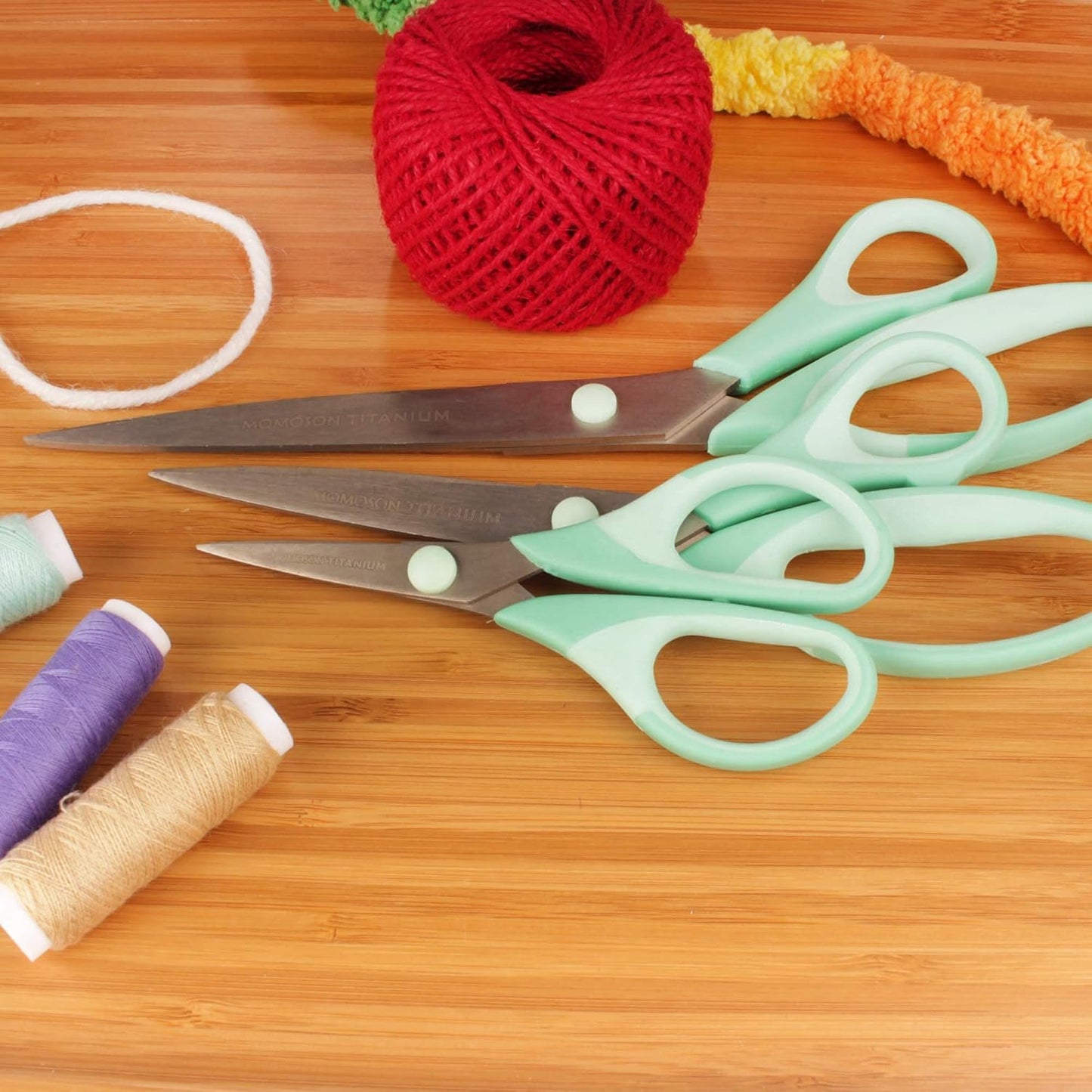 BambooMN Titanium Softgrip Scissors Set for Sewing, Arts, Crafts, Office - 10 Sets of 3 - Mint Green