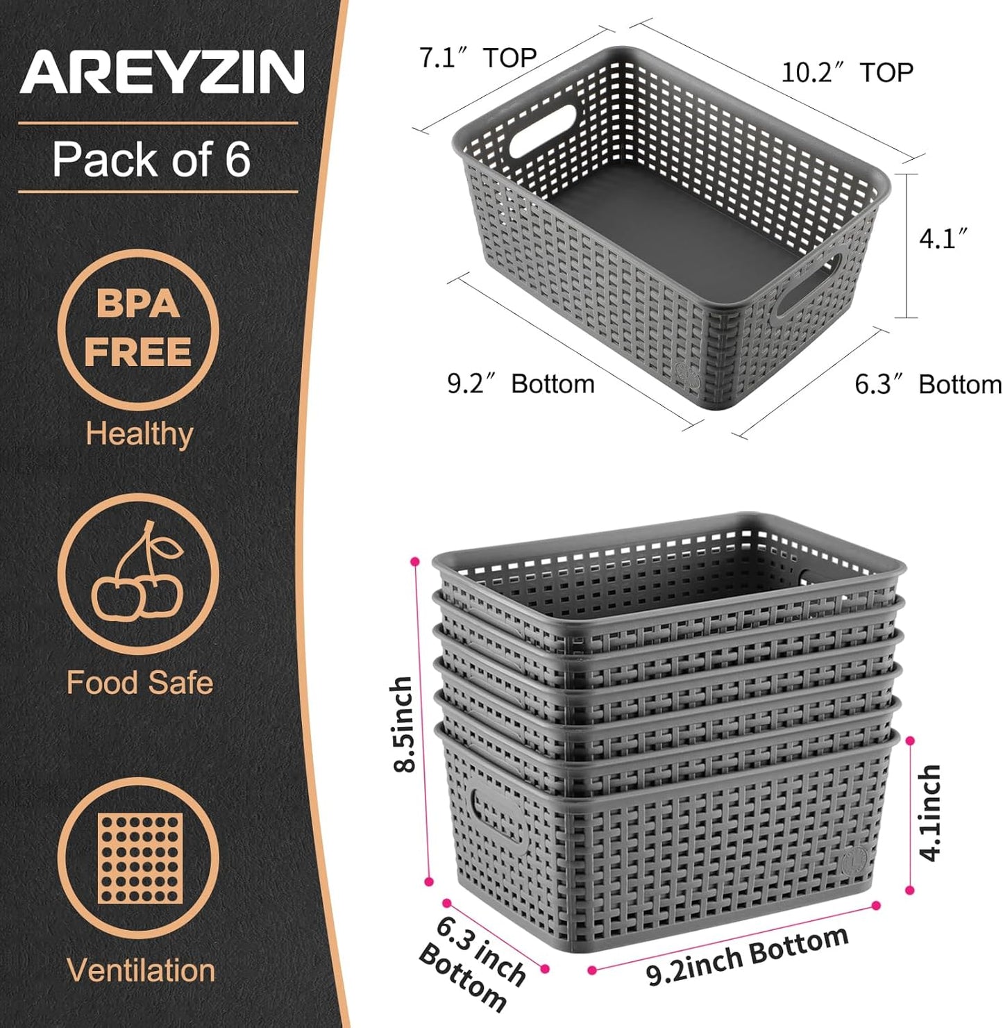 AREYZIN Plastic Storage Baskets Bins With Lid Organizing Container Lidded Knit Storage Organizer Bins for Shelves Drawers Desktop Closet Playroom Classroom Office, 6 Pack