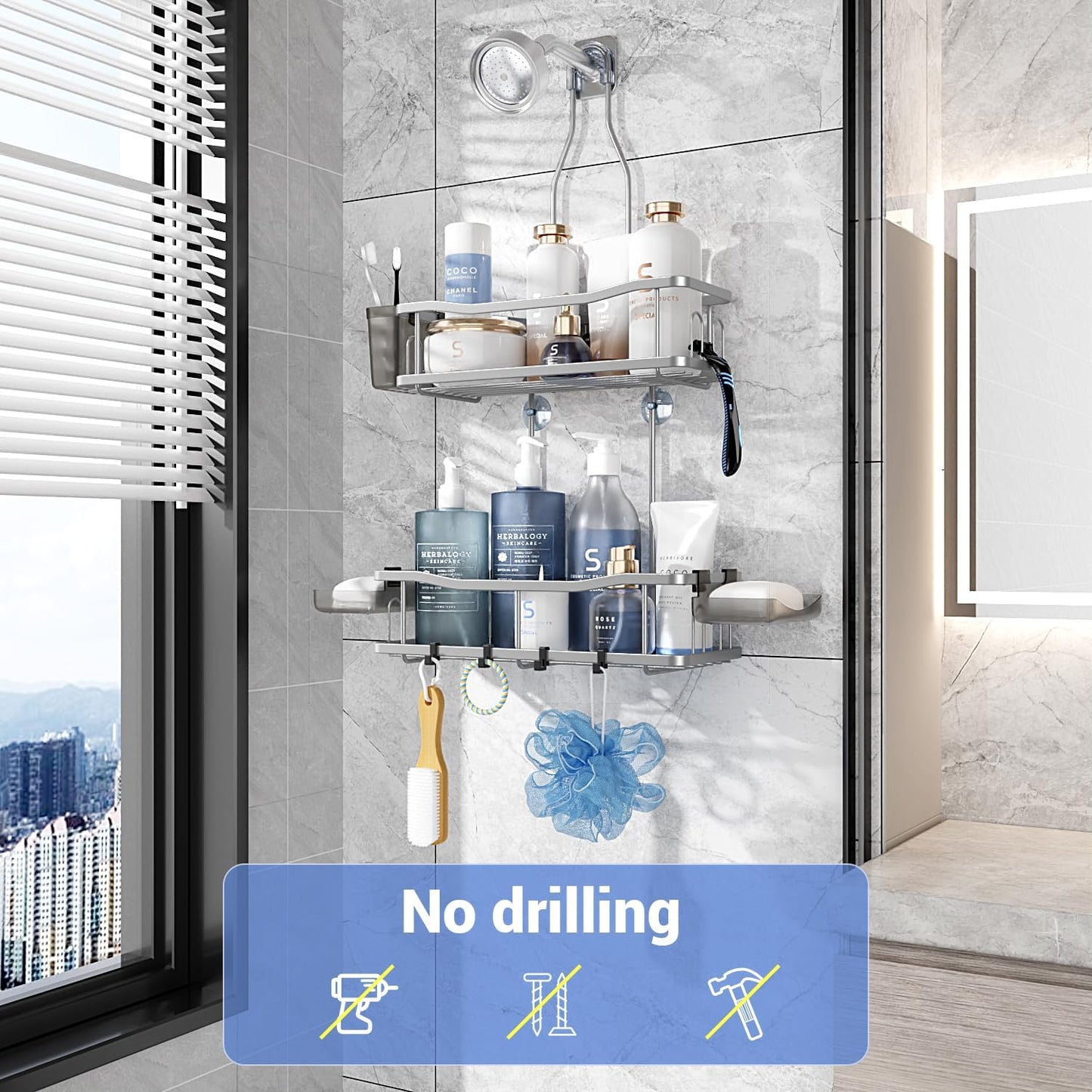 Hanging Shower Caddy Bathroom Organizer: Rustproof Shower Shelf Racks Over Shower Head - No Drilling Inside Bath Shower Rack Shelves Over Showerhead for Shampoo with Soap Holder Silver