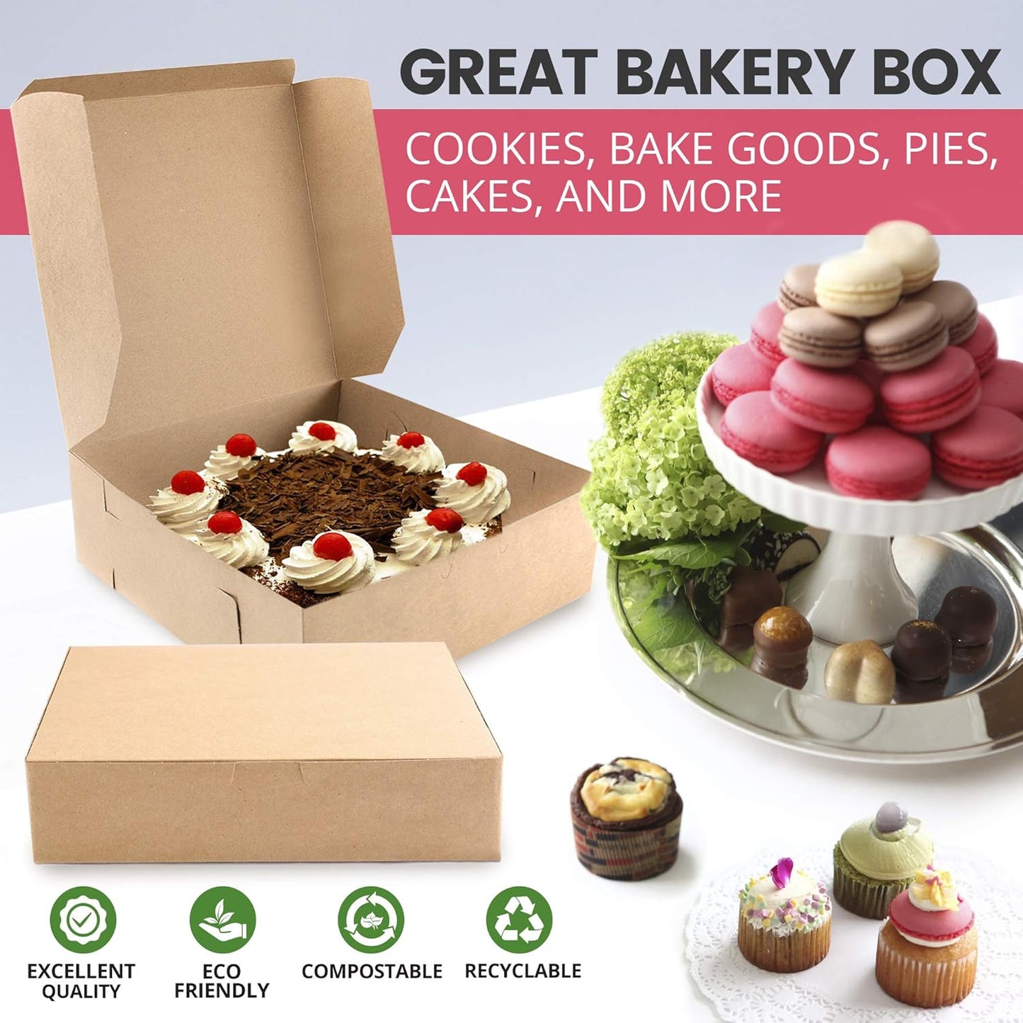 Fit Meal Prep [250 Pack] Kraft Bakery/Pie Box 8 x 8 x 3 Inch - Brown Paper Cardboard Gift Packaging, Top Lids, Corner Lock, for Cupcake, Cookies and Pastry, Restaurant, Shipping Containers and Personalized Favors, Kraft Brown