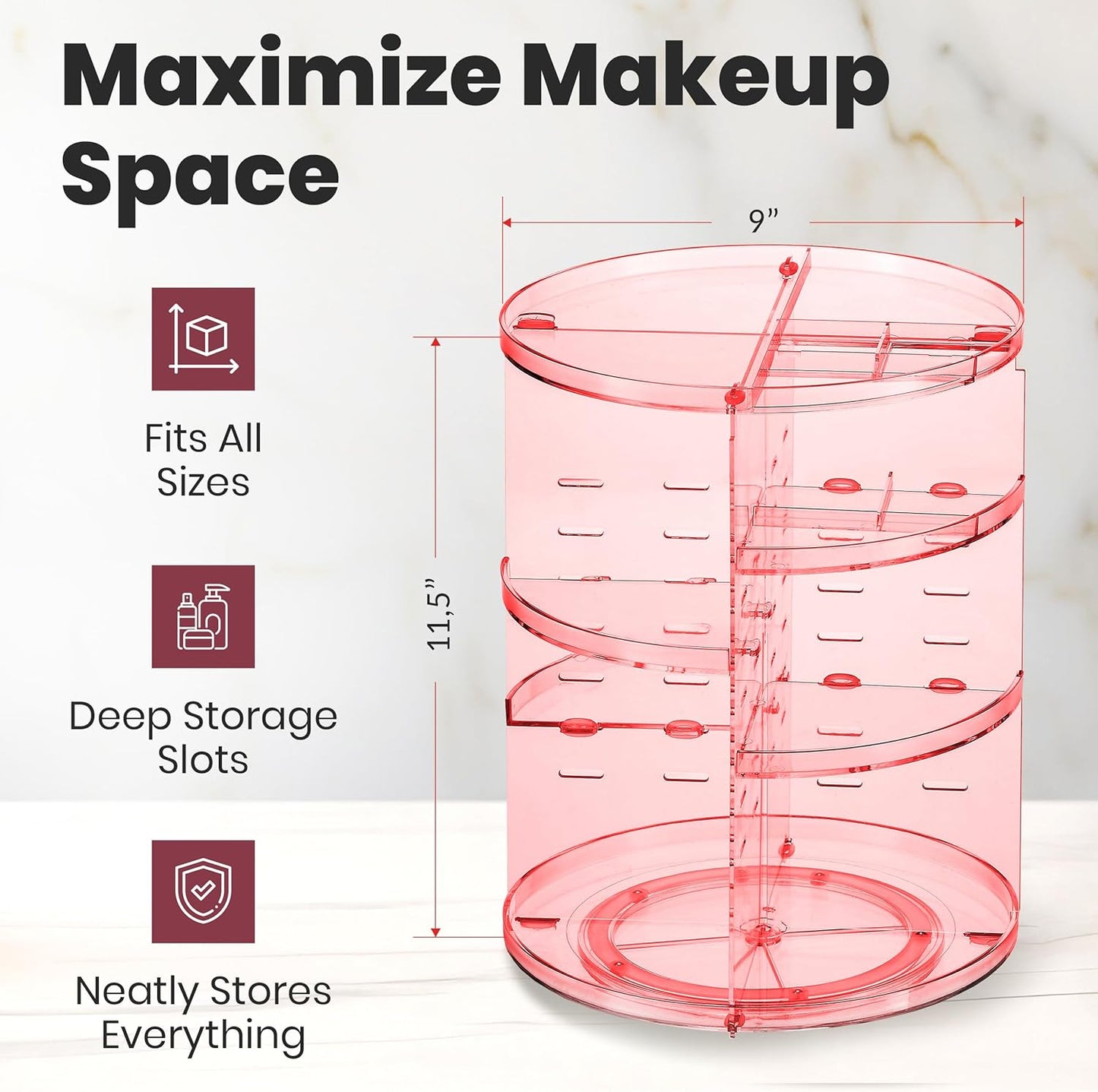 Masirs 360 Rotating Makeup Organizer - Adjustable Shelf Height and Fully Rotatable - The Perfect Round Spinning Cosmetic Organizer for Bedroom Dresser or Vanity Countertop Storage (Pink)
