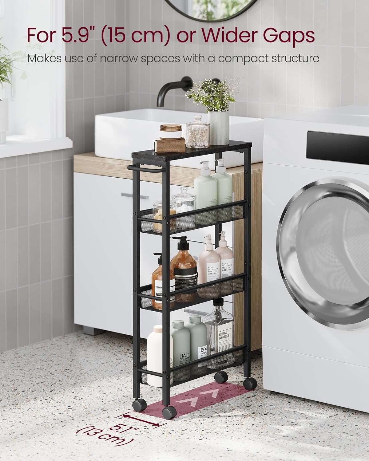 VASAGLE Slim Rolling Cart, 4-Tier Storage Cart, Narrow Cart with Handle, 5.1 Inches Deep, Metal Frame, for Kitchen, Dining Room, Living Room, Home Office, Ebony Black and Classic Black ULRC032B04