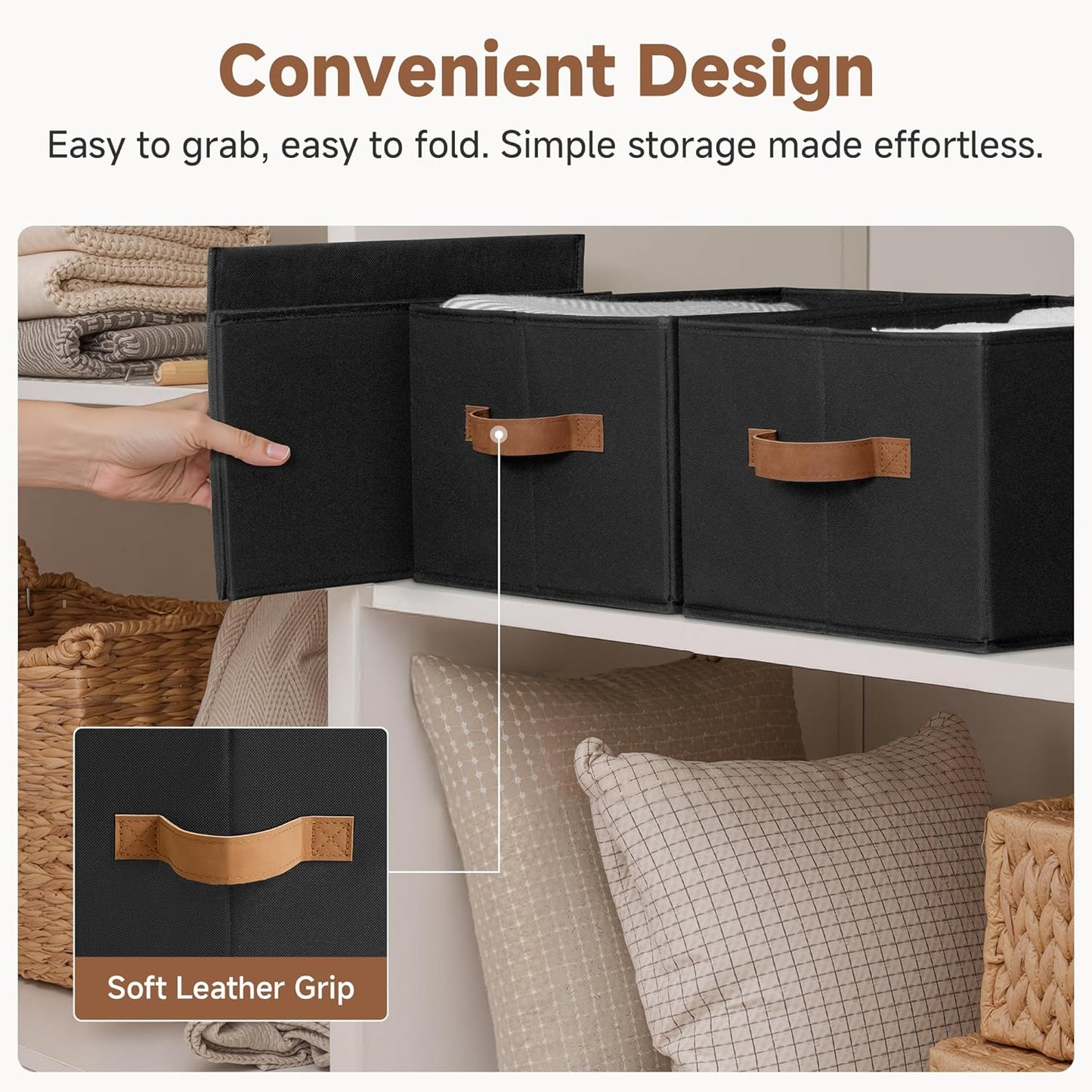 SroageWorks Storage Baskets for Shelves, Foldable Fabric Closet Storage Bins with Handles, Clothes Organizer Laundry Baskets, Black, 3-Pack, Large