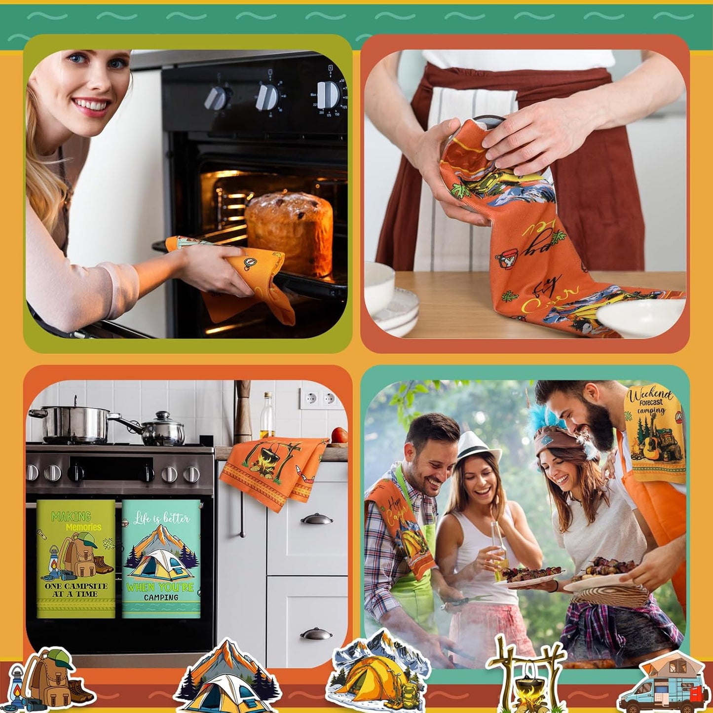 Boyiee Set of 6 Camping Kitchen Towels Absorbent Dishcloths Bonfire Tent Car Tea Towels 24 x 16 Inches with Funny Sayings Novelty Gifts for Campers Happy Camper Camping Accessories for Rv Campers