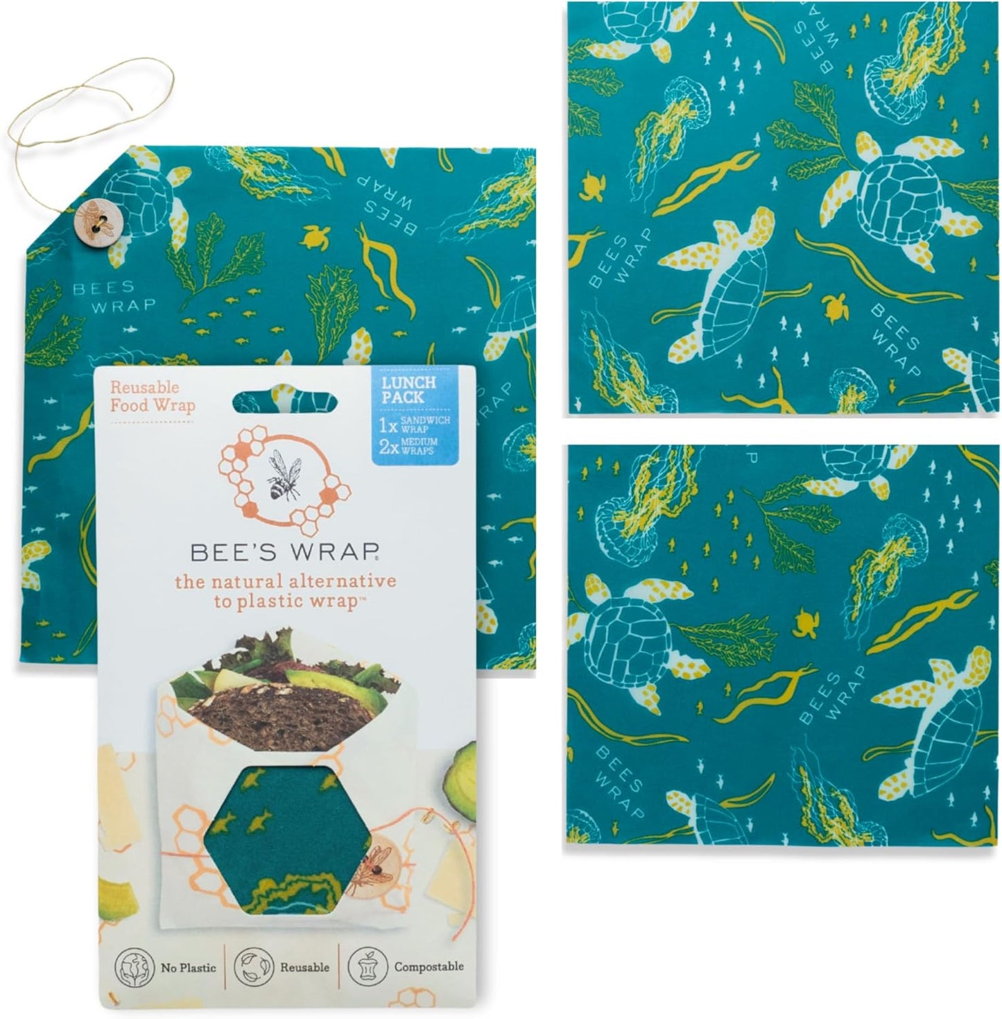 Bee's Wrap Beeswax Wraps for Food - Ocean 3 Pack (2M 1 Sandwich) Made in USA Reusable & Organic Food Wraps, Sandwich Wrap - Eco-Friendly Alternative to Aluminum Foil & Plastic Wrap