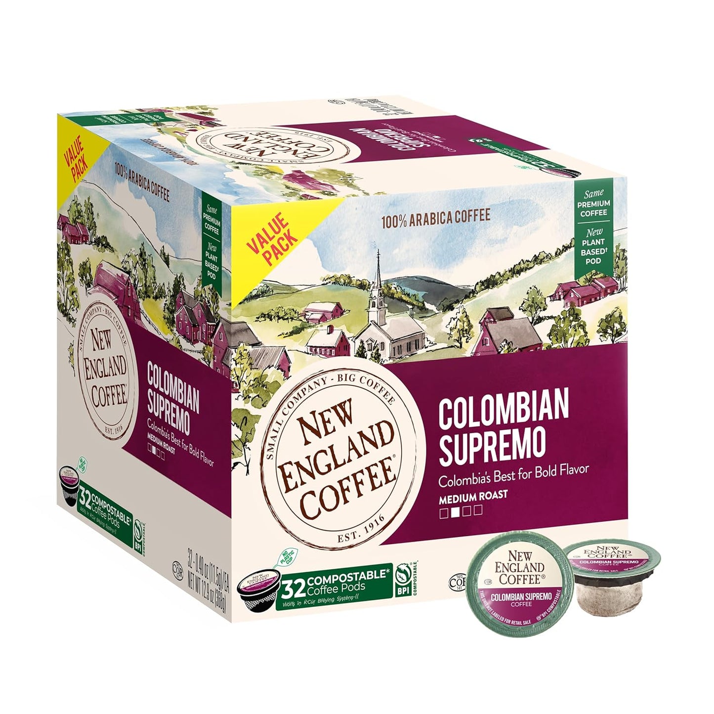 New England Coffee Colombian Supremo Medium Roast Single Serve Pods, 32ct Box (Pack of 1)