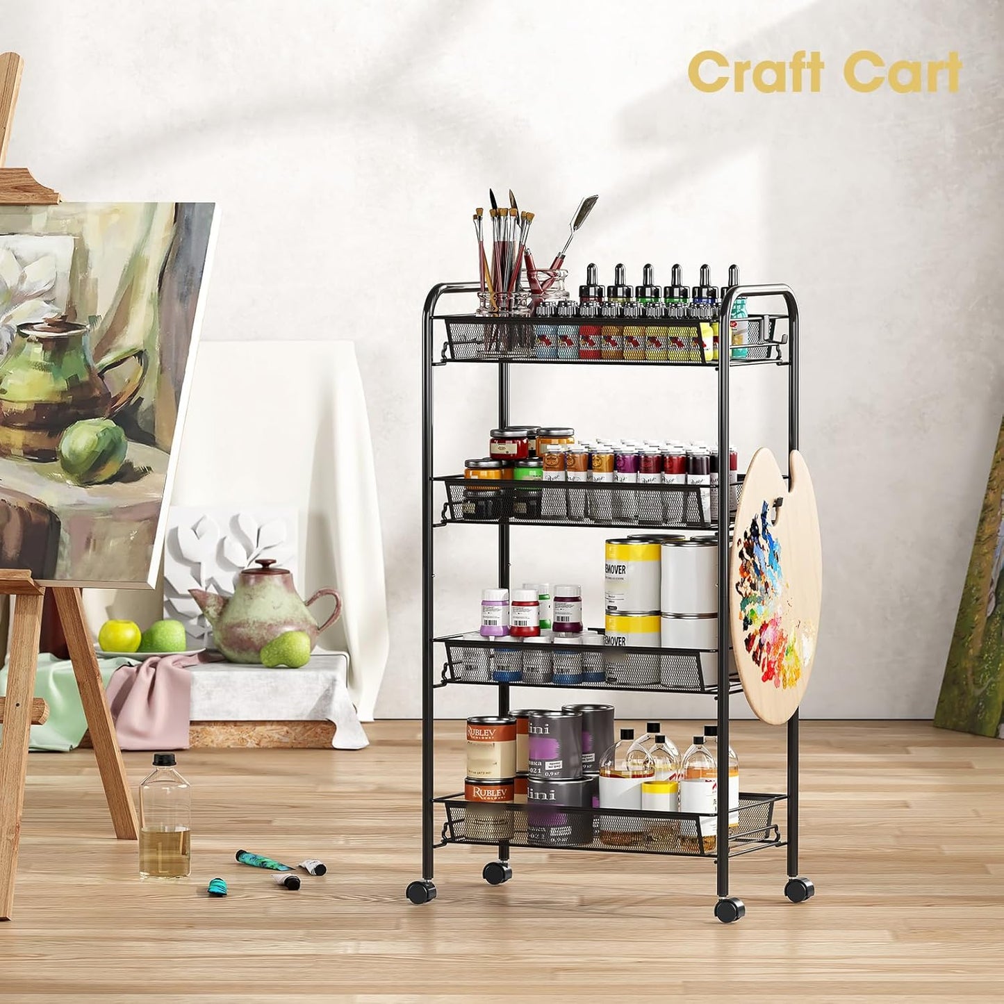 TOOLF 4-Tier Rolling Cart, Metal Utility Cart with 3 Hooks, Easy Assemble Mobile Storage Trolley On Wheels, Metal Shelving Units Kitchen Bathroom Laundry Room