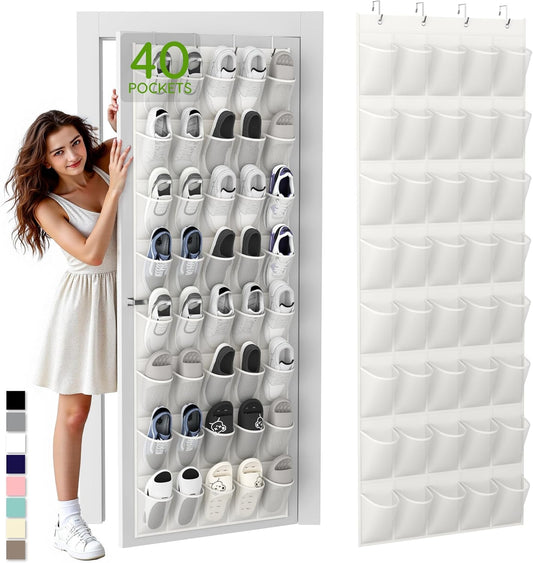 Unjumbly Over the Door Shoe Organizer with 40 Large Breathable Mesh Pockets, Space Saving Shoe Holder, Hanging Shoe Rack for Entryway Bedroom Closet Storage (White, 40 Pockets)