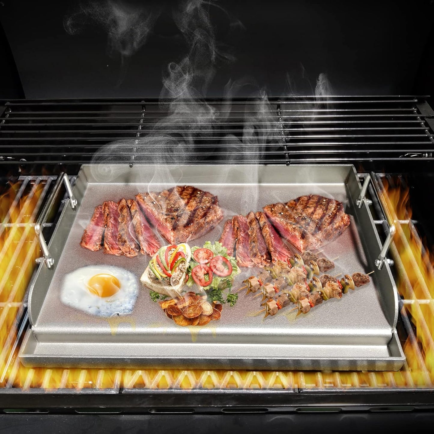 Griddle for Gas Grill Metal Cooking Griddle Pan for Outdoor Gas Grill, 17" x13" Flat Top Plate Skillet Pan Teppanyaki Insert for Weber Charbroil Camp Chef and Charcoal