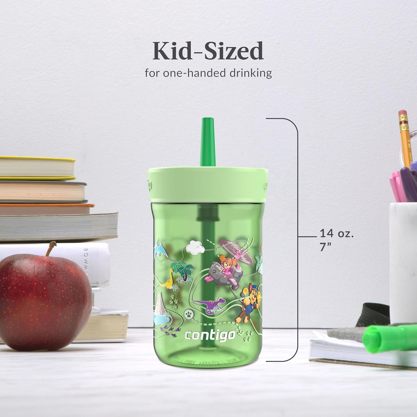 Contigo Kids Leighton Spill-Proof 2-Pack Paw Patrol Tumbler with Straw, 14oz, Power Pups and Dino Treks, Green and Blue