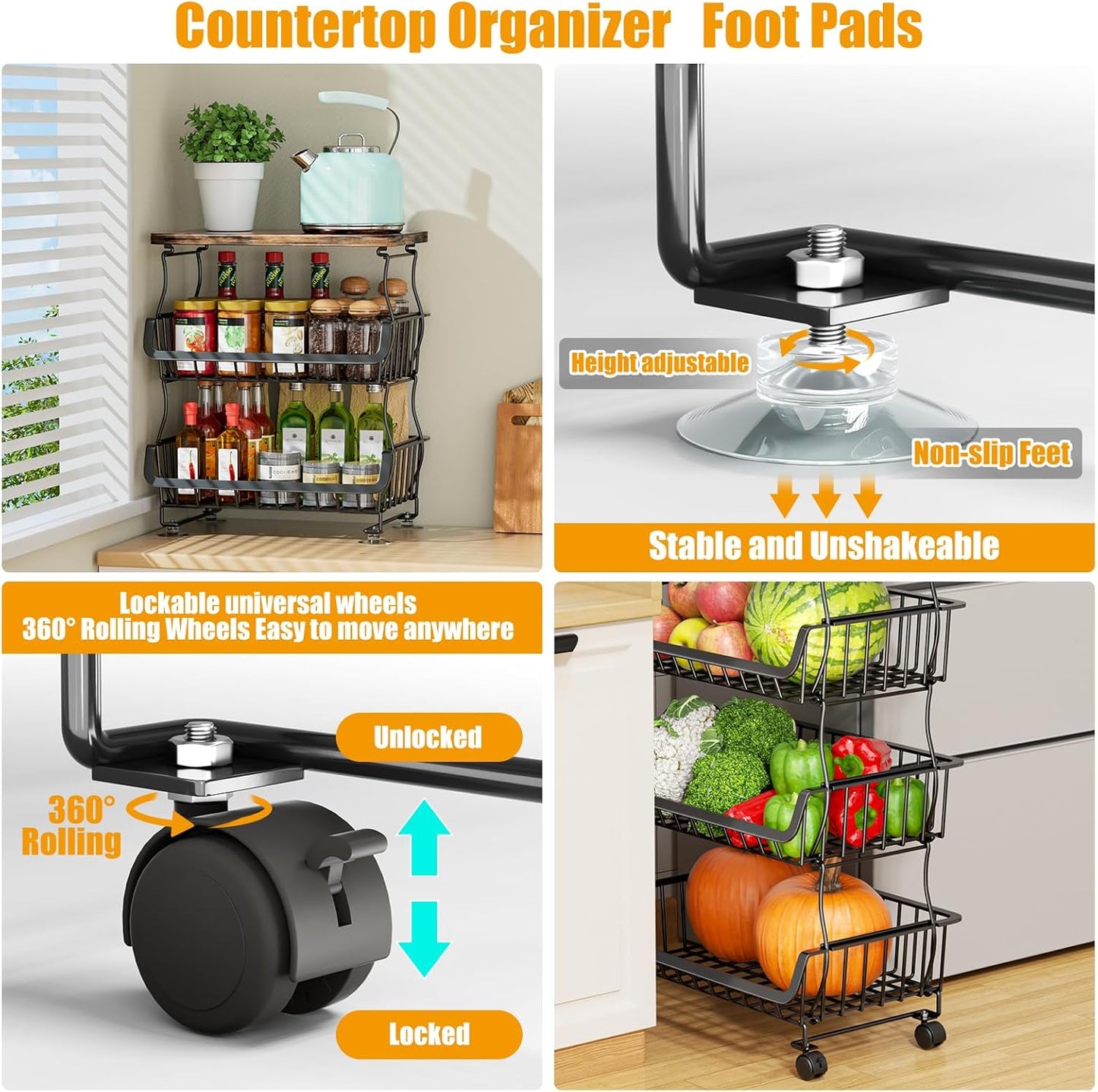 Fruit Vegetable Basket for Kitchen, 4 Tier Stackable Fruit Vegetable Storage Baskets with Wheels, Metal Wire Storage Basket Organizer Baskets for Kitchen, Pantry, Bathroom