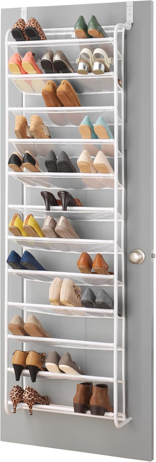 Whitmor 36 Pair Over the Door Shoe Organizer, 12 Tier Hanging Shoe Organizer, Heavy Duty Metal & Mesh Shoe Holder, Hanging Shoe Rack for Closet Organizer & Storage, 69"L x 21.7"W x 7.5"H, White