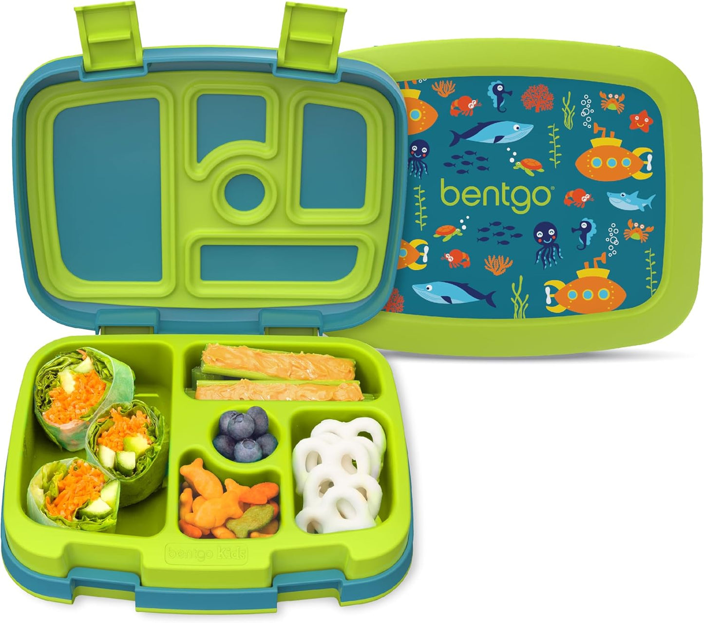 Bentgo Kids Prints Leak-Proof, 5-Compartment Bento-Style Kids Lunch Box - Ideal Portion Sizes for Ages 3-7, Durable, Drop-Proof, Dishwasher Safe, & Made with BPA-Free Materials (Submarine)