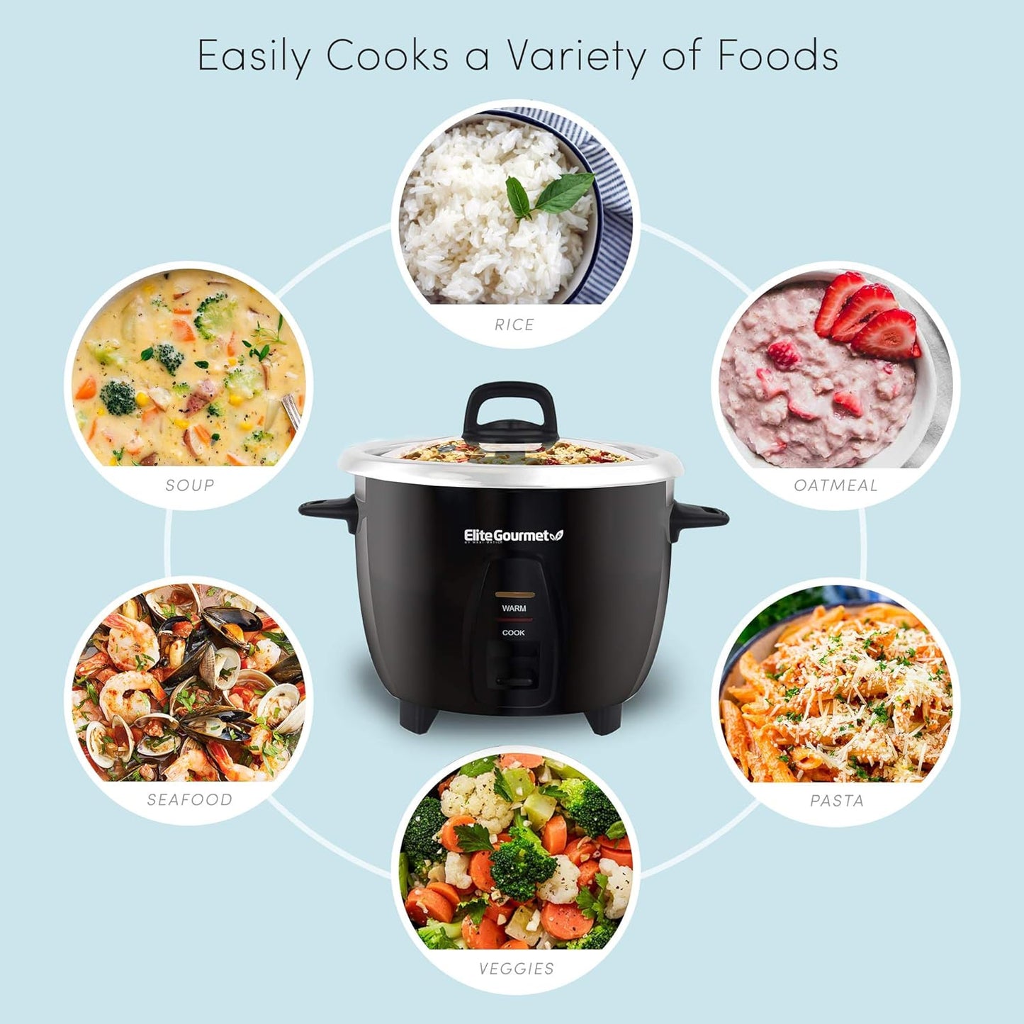 Elite Gourmet ERC2010B Electric Rice Cooker with Stainless Steel Inner Pot Makes Soups, Stews, Porridge's, Grains and Cereals, 10 cups cooked (5 Cups uncooked), Black