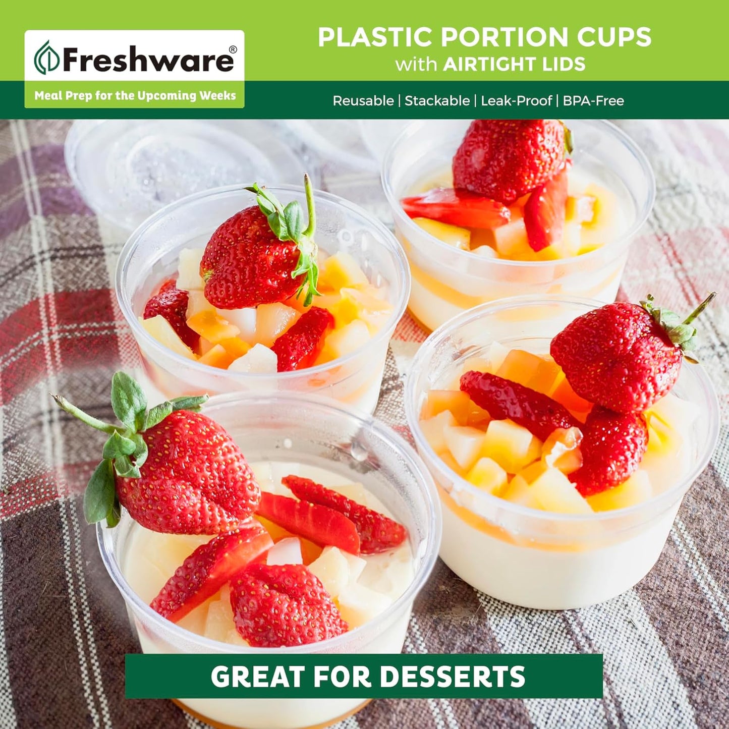 Freshware Plastic Portion Cups with Lids [4 Ounce, 200 Sets] Disposable Plastic Cups for Meal Prep, Salad Dressing, Jellos Shot Cups, Souffle Cups, Condiment and Dipping Sauce Cups