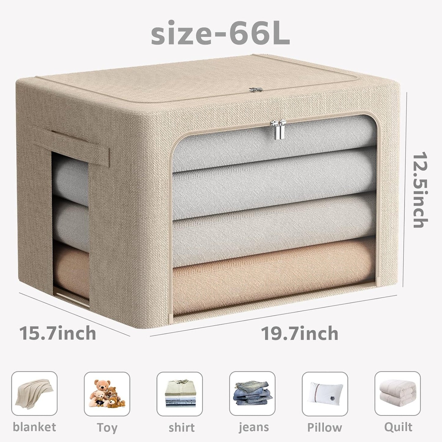 FHSQX 2 Pack Clear Window Storage Bins - Large Stackable Linen Fabric Storage for Clothes Foldable Container Organizer Set with Carrying Handles (Beige, 19.7x 15.7x 12.6 Inch)