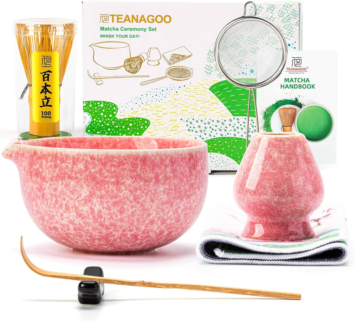 TEANAGOO Matcha Whisk Set,7 Pcs Matcha Set Pink,Ceremony Matcha Kit,Matcha Tea Set for Making Latte,Ceramic Bowl(chawan) whith Spout and Whisk,Gift for Matcha Lovers