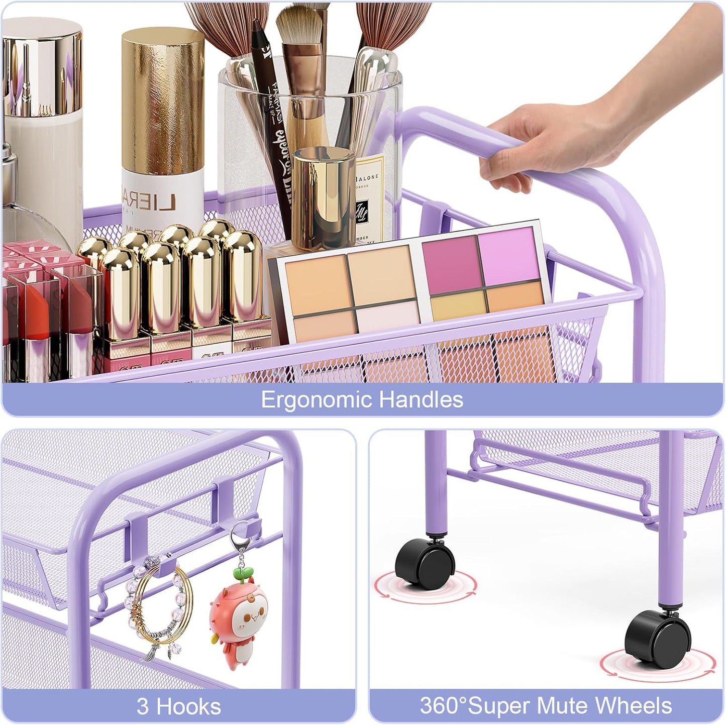 TOOLF 4-Tier Rolling Cart, Metal Utility Cart with 3 Hooks, Easy Assemble Mobile Storage Trolley On Wheels, Metal Shelving Units Kitchen Bathroom Laundry Room