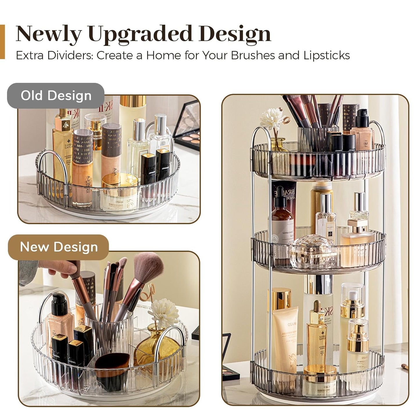 Aveniee 360° Rotating Makeup Organizer for Vanity, Upagraded Perfume Skincare Bathroom Counter Organizers with Brush Divider, 3 Tier Spinning Lipstick Cosmetic Lotion Storage,Grey