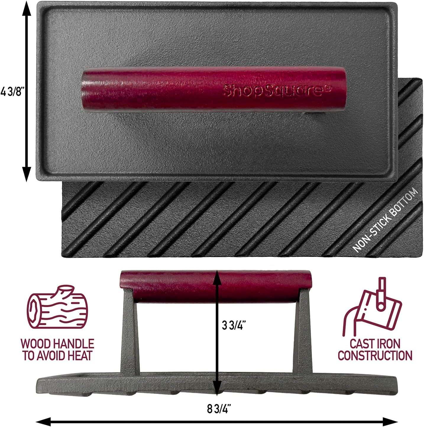 Cast Iron Bacon Press 7" Round & Rectangle 8"x4" Cast Iron Grill Press - Meat Press for Bacon, Steak, Burgers and Sandwiches - Non-Stick Griddle Press with Cool-Touch Wood Handle