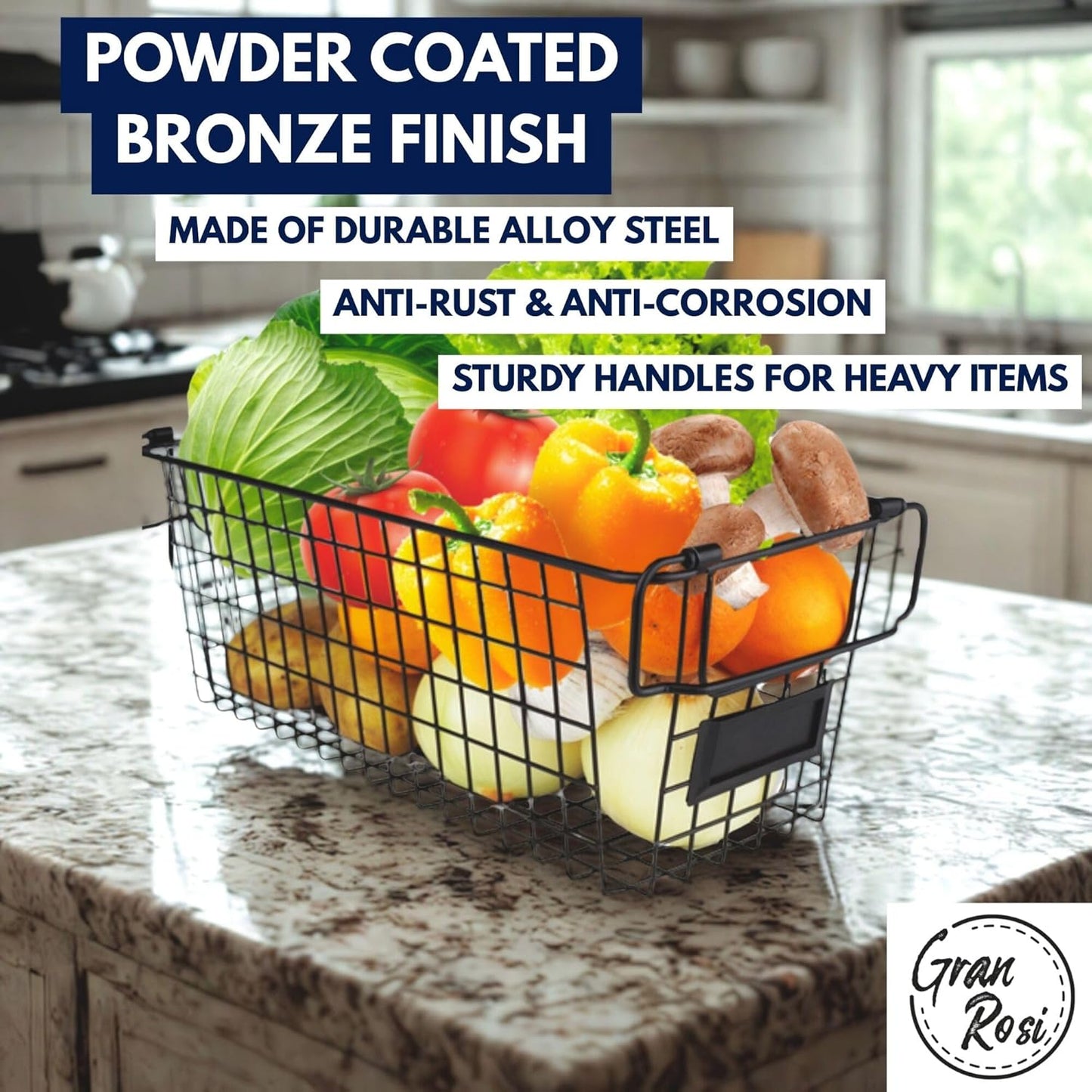 Granrosi Stackable Large Wire Baskets for Organizing — Set of 2 Snack & Chips Organizer for Pantry; Wire Storage Baskets with Handles; Large Bronze Chip Storage for Pantry