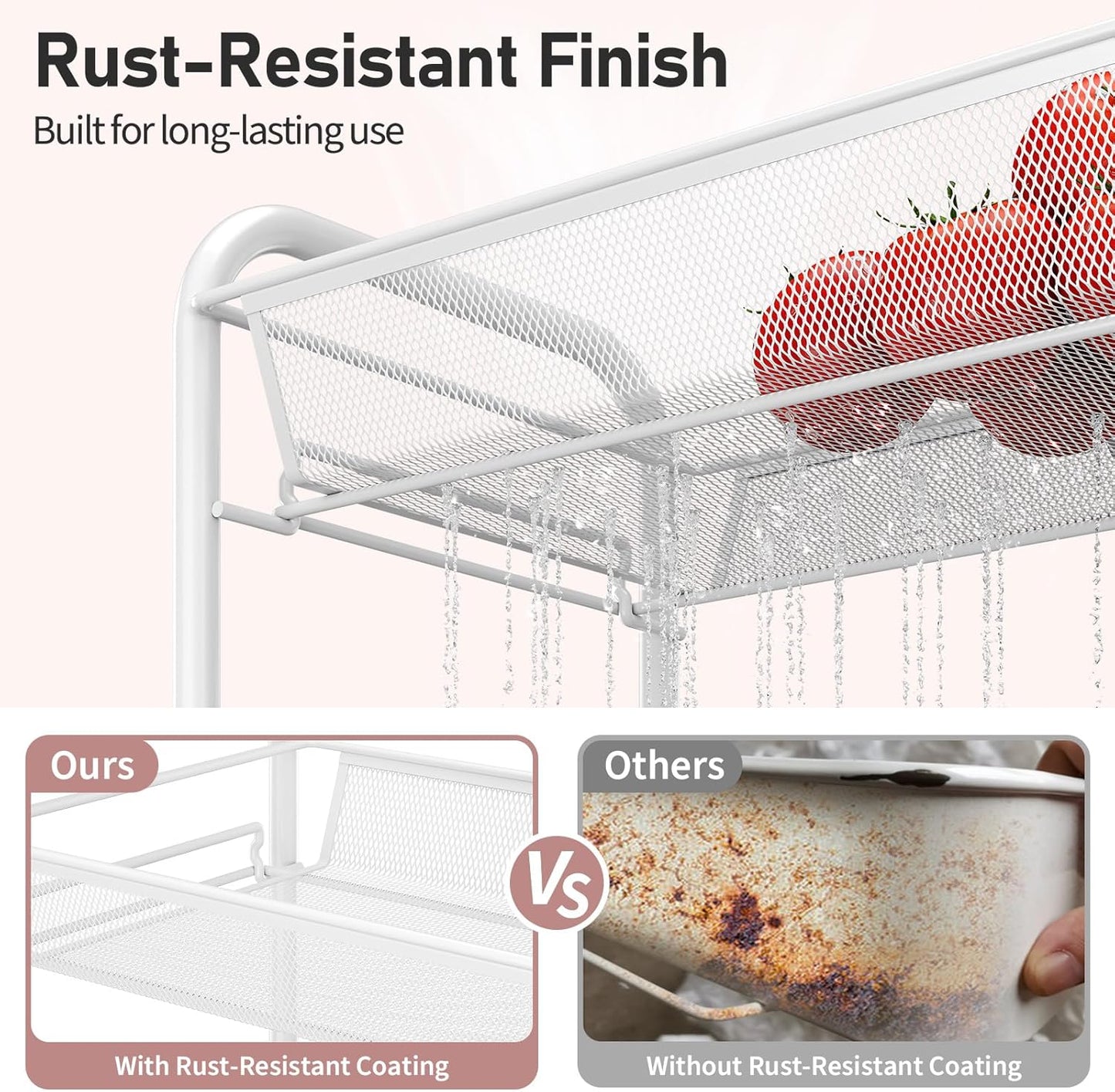 TOOLF 3-Tier Metal Rolling Cart, Mesh Wire Easy Assemble Utility Cart, Storage Trolley on Wheels with 3 Hooks, MetalStorage Shelving Units for Kitchen Bathroom Laundry Room