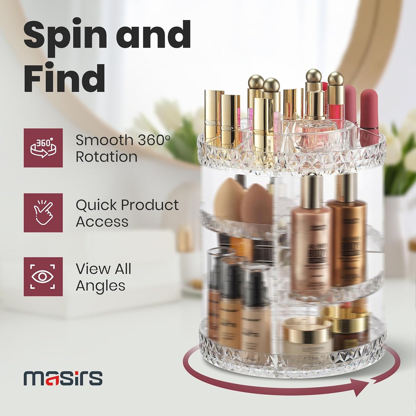 360 Rotating Makeup Organizer Diamond Design - Adjustable Shelf Height and Fully Rotatable - The Perfect Round Spinning Cosmetic Organizer for Bedroom Dresser or Vanity Countertop Storage (Clear)