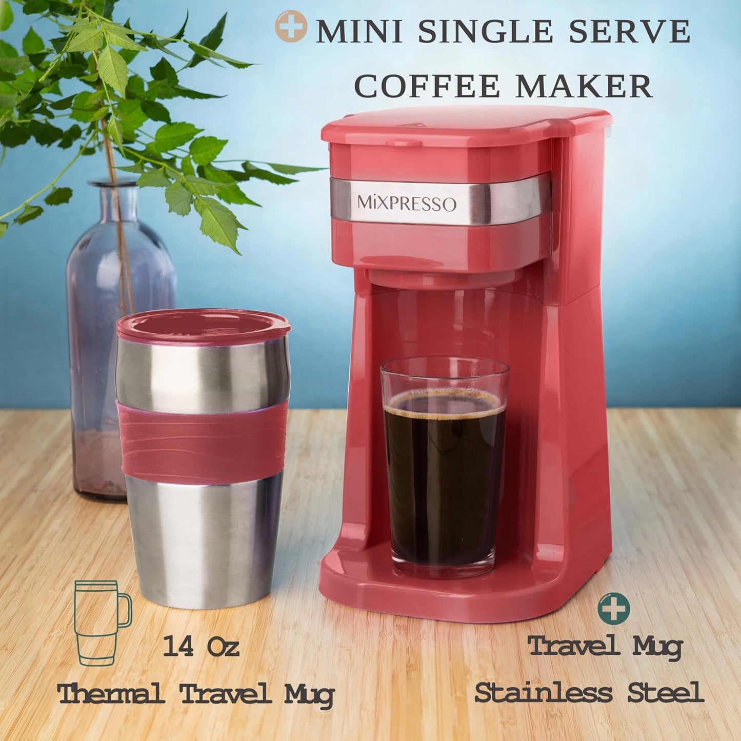 Mixpresso Red Personal Single Serve Coffee Maker with 14oz Travel Mug, Drip Small Coffee Maker with Auto Shut Off, Reusable Filter, Works with Ground Coffee Only – Not for K-Cup Pods