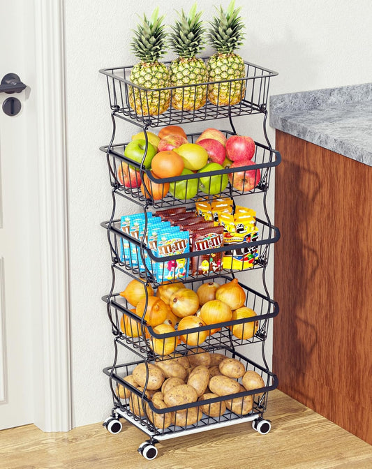 5 Tier Fruit Basket for Kitchen, Stackable Bins Wire Rack with Wheels, Fruit and Vegetable Storage Basket Pantry Food Snack Organizer Shelf, Kitchen Storage Cart for Onion and Potato, Produce