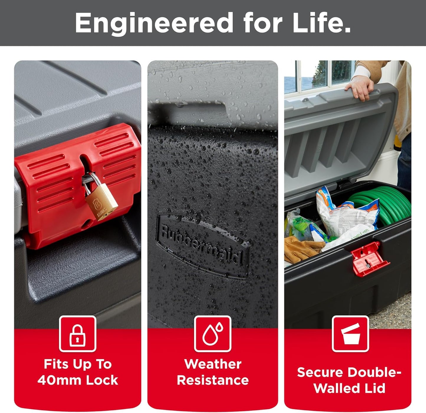 Rubbermaid 48 Gallon Black Action Packer Lockable Latch Indoor and Outdoor Storage Box Container for Home, Garage, Backyard, Single