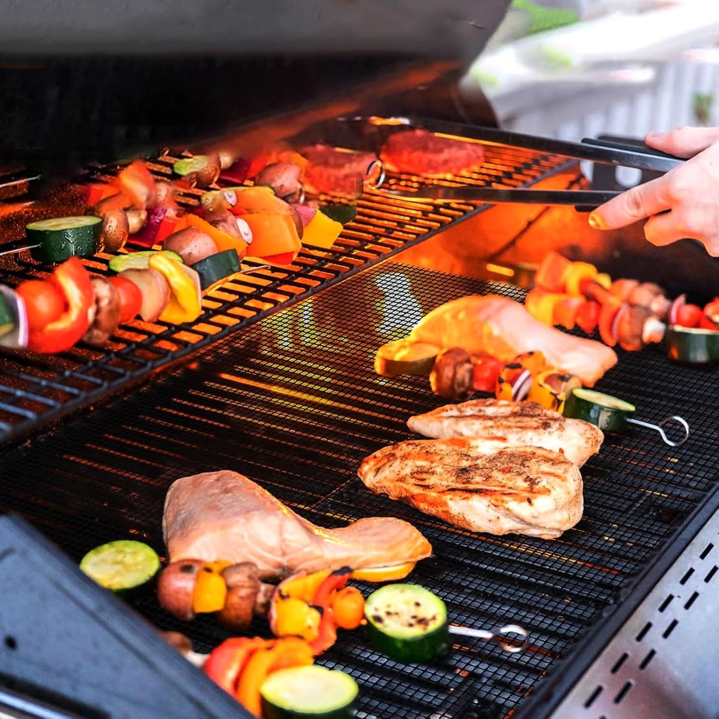 OSVINO Beige Grill Mesh Mat 5 Pack Reusable Non-Stick BBQ Grill Mats 16"x12" Outdoor Barbecue Baking Accessories Works on Gas Charcoal Electric Grill for Grilling Meat, Fish, Steak, Vegetables