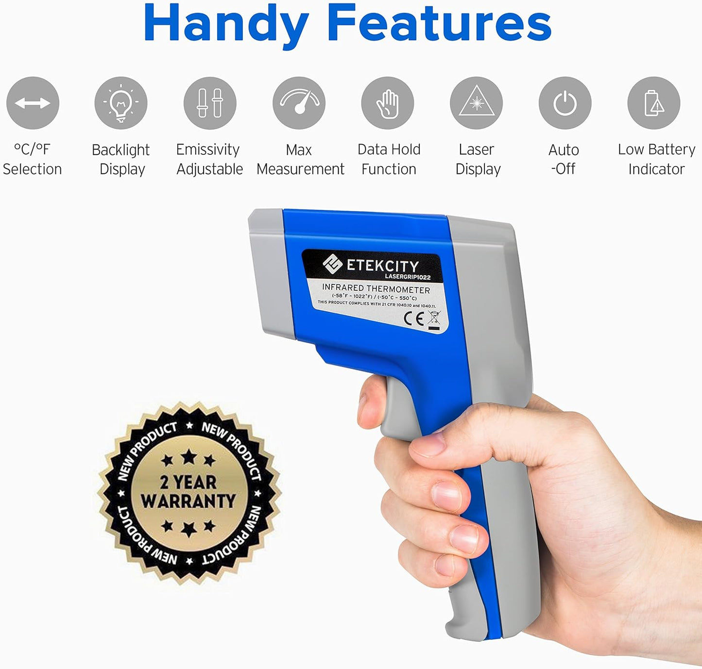 Etekcity Digital Thermometers Non-contact-58°F ~1022°F (-50°C ~ 550°C) ith Adjustable Emissivity & Max Measure for Meat Refrigerator Pool Oven, Blue