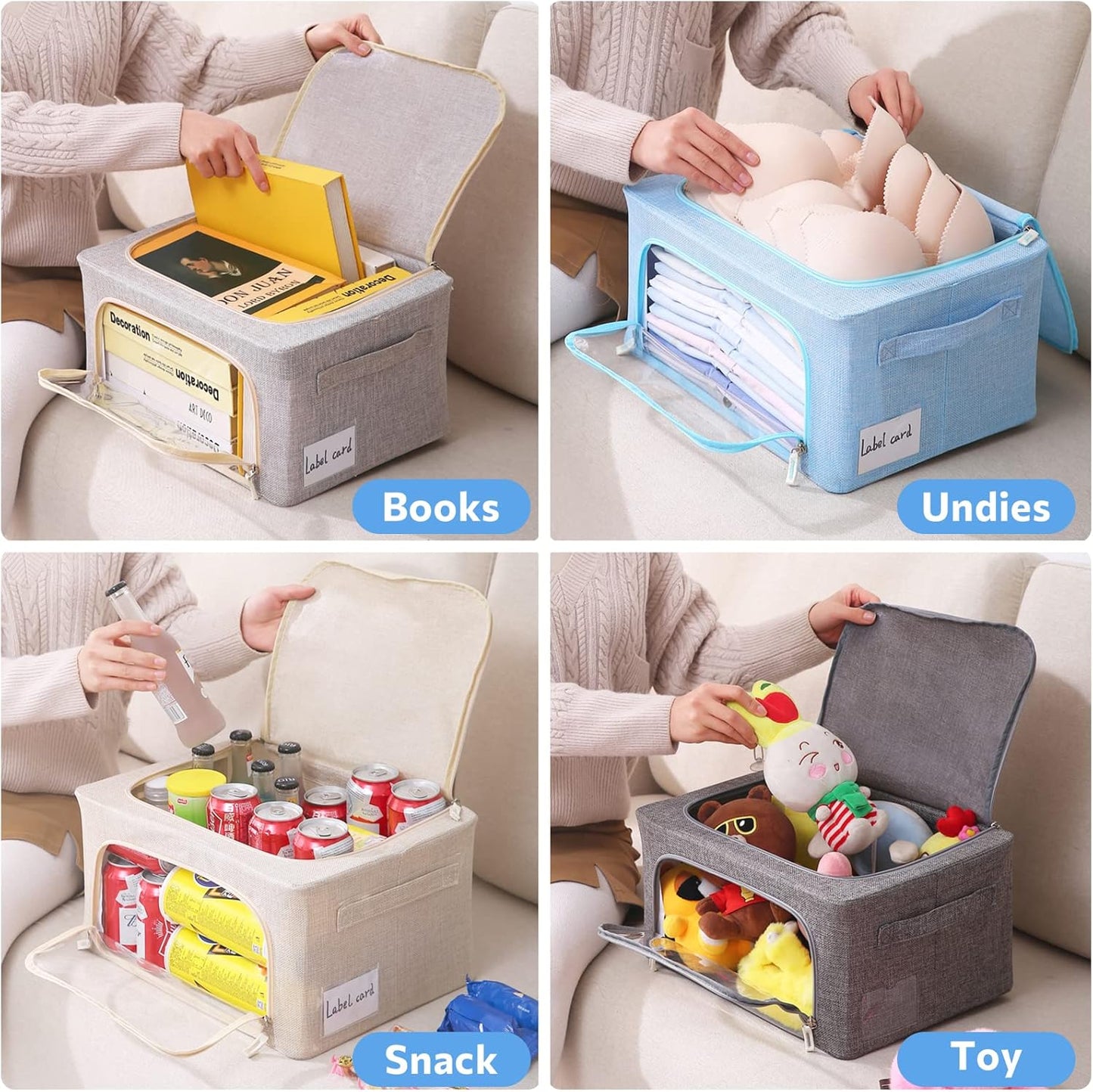 CYhom Clothes Storage Bins Box - Linen Fabric Foldable Stackable Container Organizer Set with Clear Window & Carry Handles & Metal Frame - 2Pack Large Capacity for Bedding, Blankets, Books