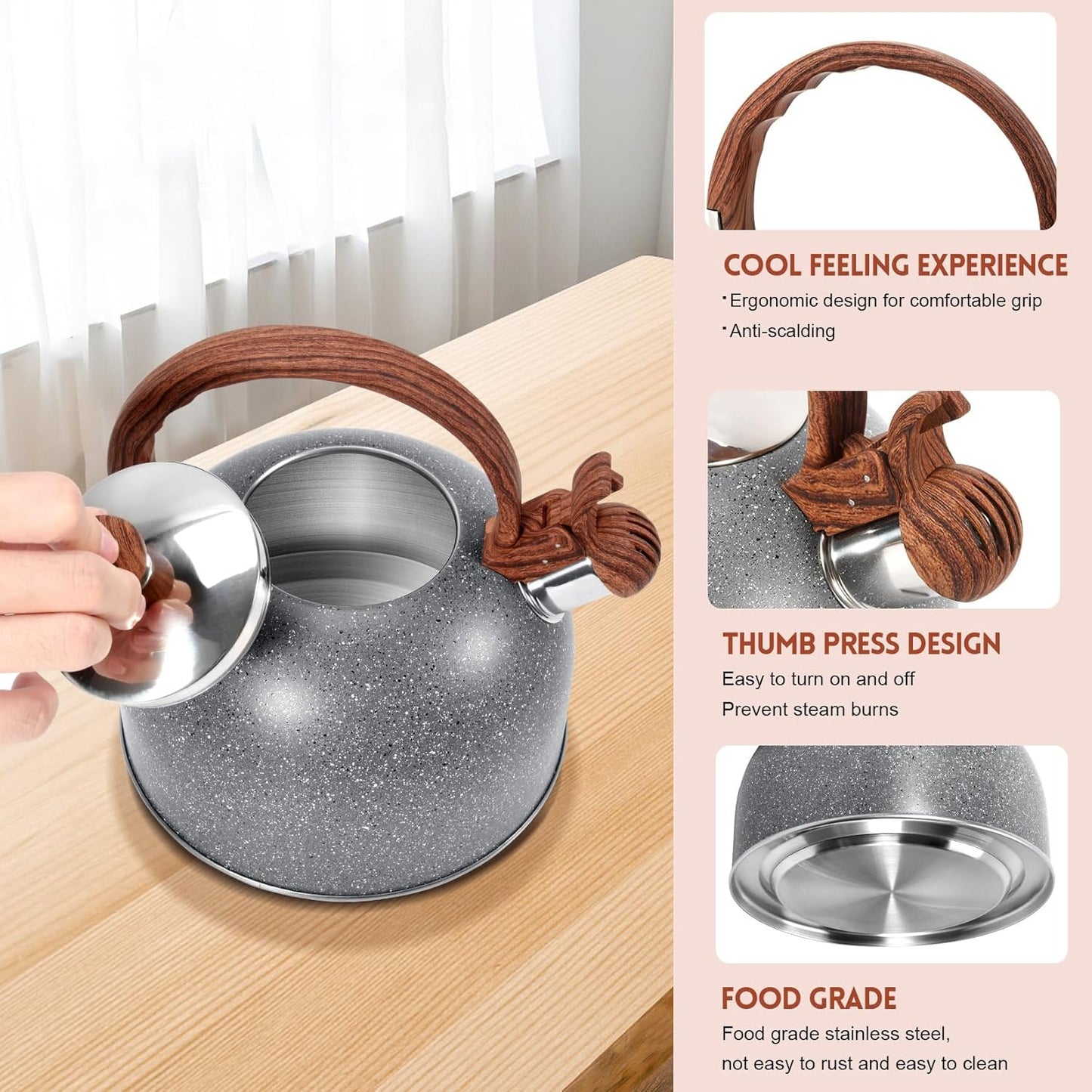 GGC 2.7QT/3L Whistling Tea Kettles for Stove Top, Stainless Steel Tea Kettle with for Boiling Water Milik or Coffee, Starry Gray Tea Pots with Wooden Anti Heat Handle