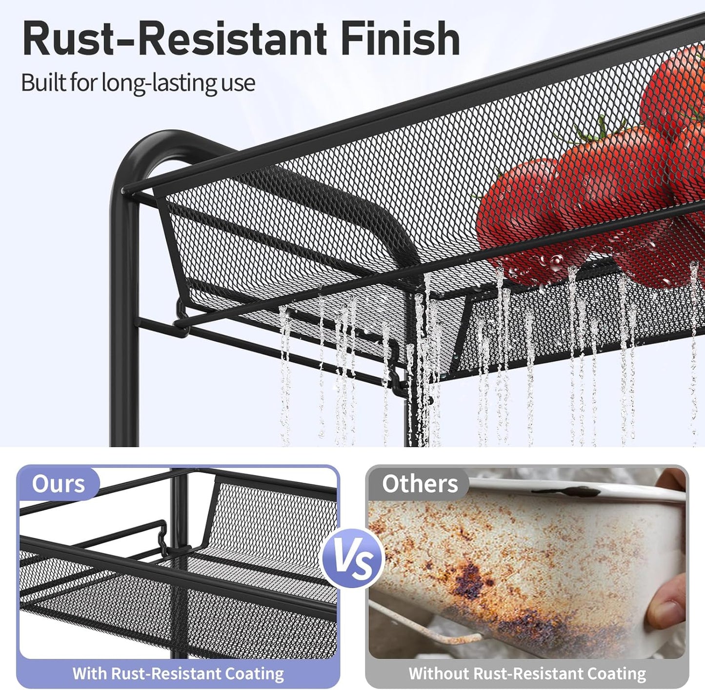 TOOLF 4-Tier Rolling Cart, Metal Utility Cart with 3 Hooks, Easy Assemble Mobile Storage Trolley On Wheels, Metal Shelving Units Kitchen Bathroom Laundry Room