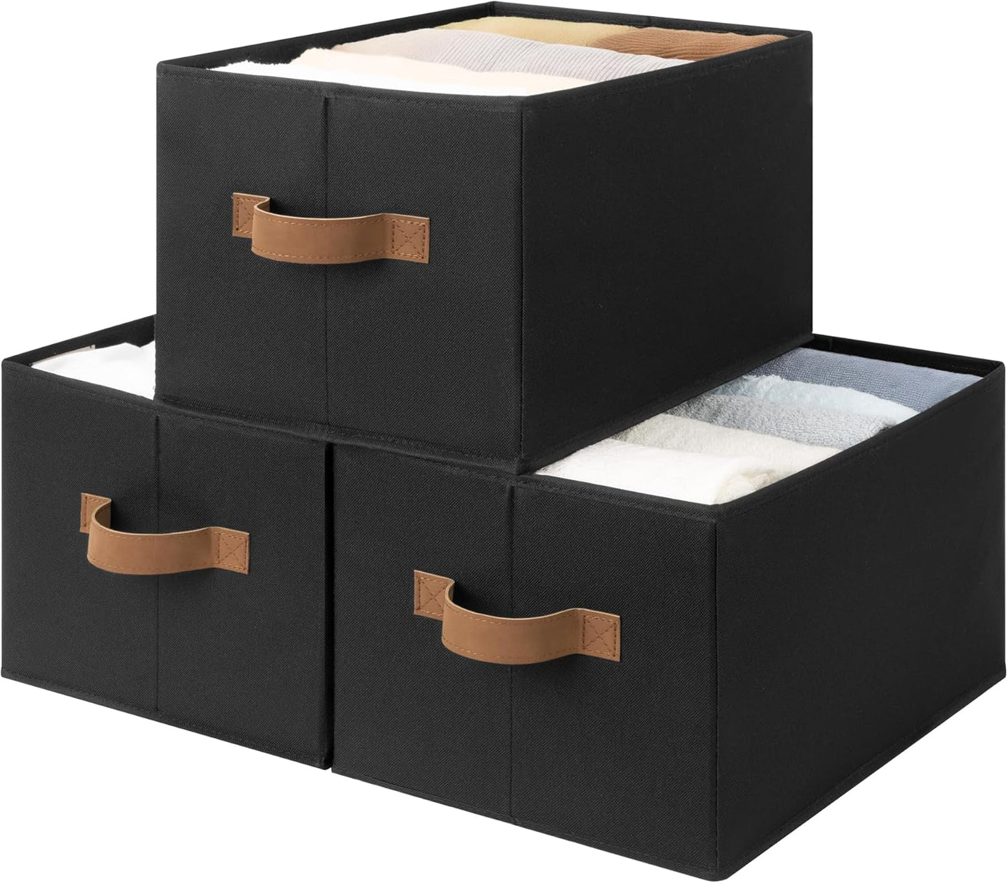 SroageWorks Storage Baskets for Shelves, Foldable Fabric Closet Storage Bins with Handles, Clothes Organizer Laundry Baskets, Black, 3-Pack, Large