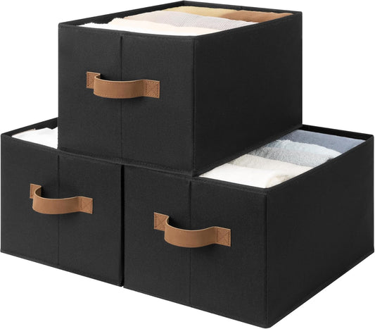 SroageWorks Storage Baskets for Shelves, Foldable Fabric Closet Storage Bins with Handles, Clothes Organizer Laundry Baskets, Black, 3-Pack, Large
