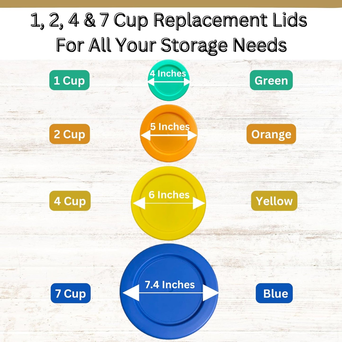 1, 2, 4 & 7 Cup Green, Orange, Yellow, Blue Replacement Lids/Covers for Pyrex, Anchor Hocking & KlareWare Storage Bowls *Lids Only Glass Container Not Included* (4 Pack *One of Each Size*)