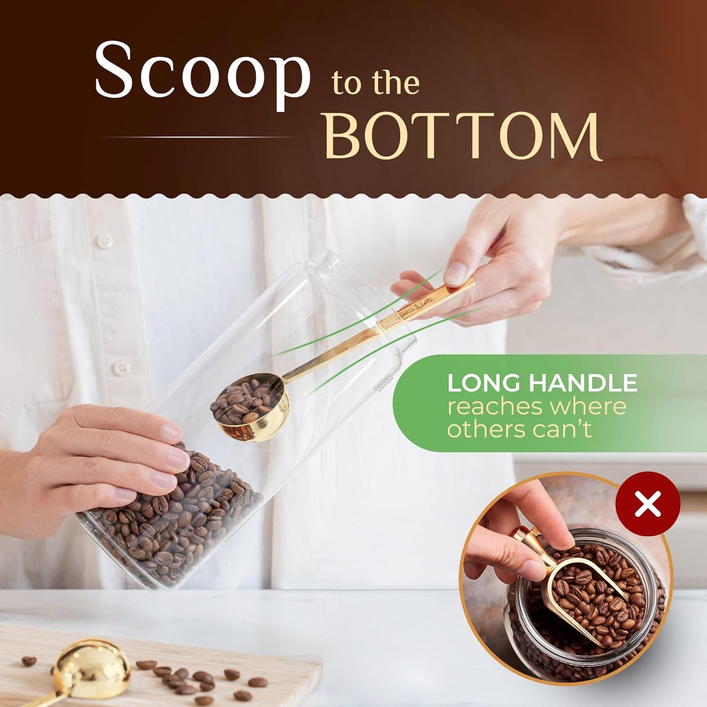 Orblue Premium Coffee Scoop Set - 1 Tbsp (15ml) & 2 Tbsp (30ml) Measuring Tablespoon - Stainless Steel Coffee Measuring Spoon and Scooper with Long Handles - Pack of 2, Light Gold