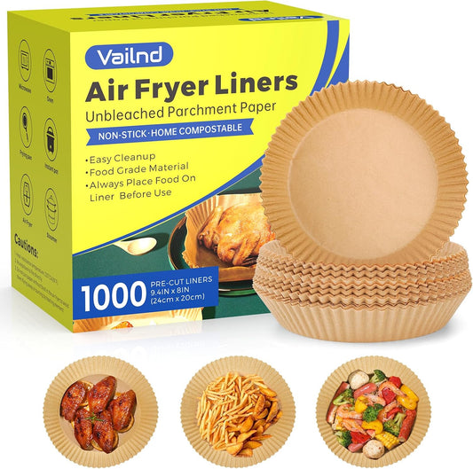 1000 Pcs Air Fryer Paper Liners, 8" Round Air Fryer Liners Disposable, Heavy-Duty Parchment Paper for 5-8 qt Airfryer Basket, Non-Stick & Grease-Proof Baking Liner for Oven Pan