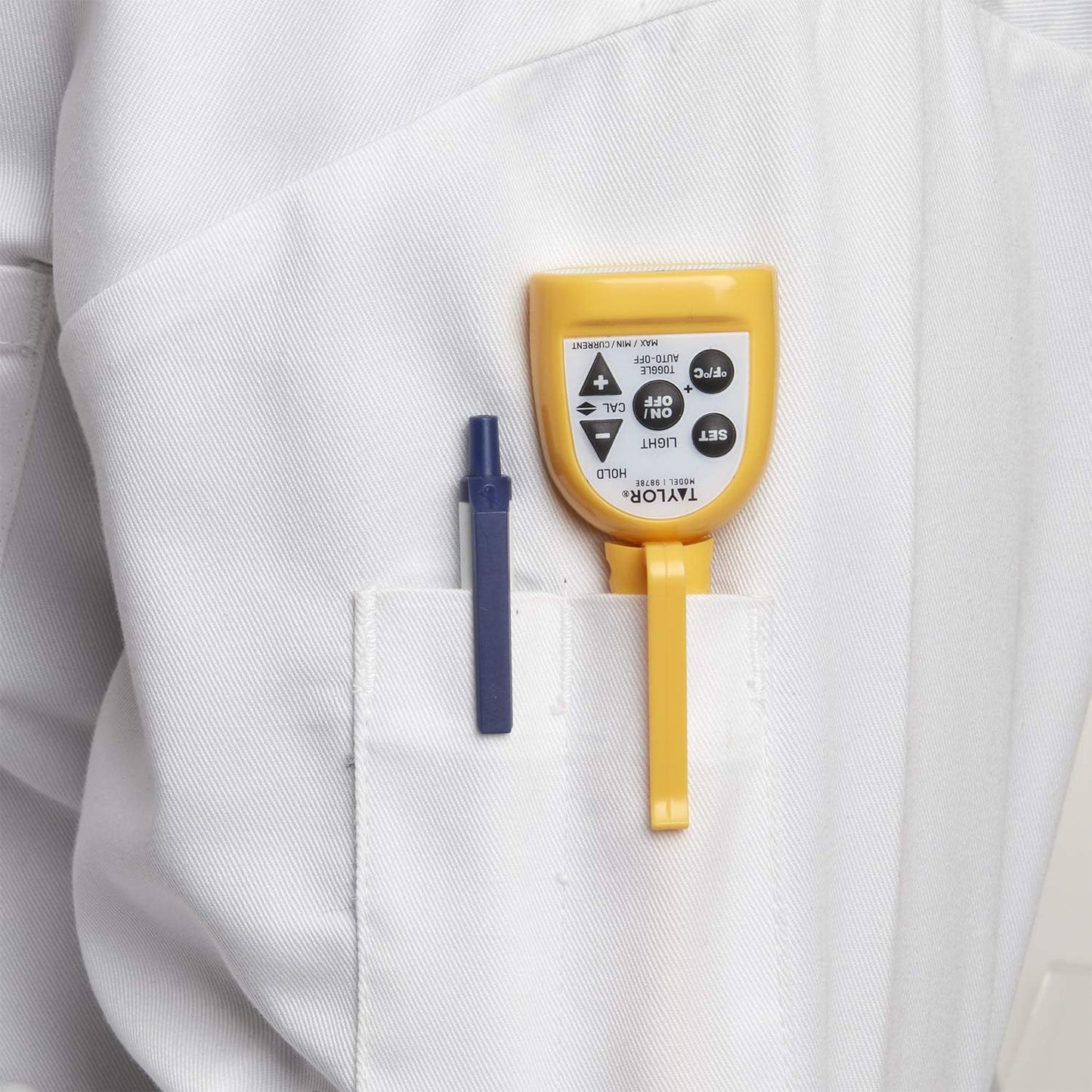 Taylor Compact Waterproof Digital Food Thermometer, 4.5 Inch Stem Length with an FDA Recommended 1.5mm Stepdown Probe Diameter and Amber Backlit LCD, HOLD, Min/Max; NSF, Yellow