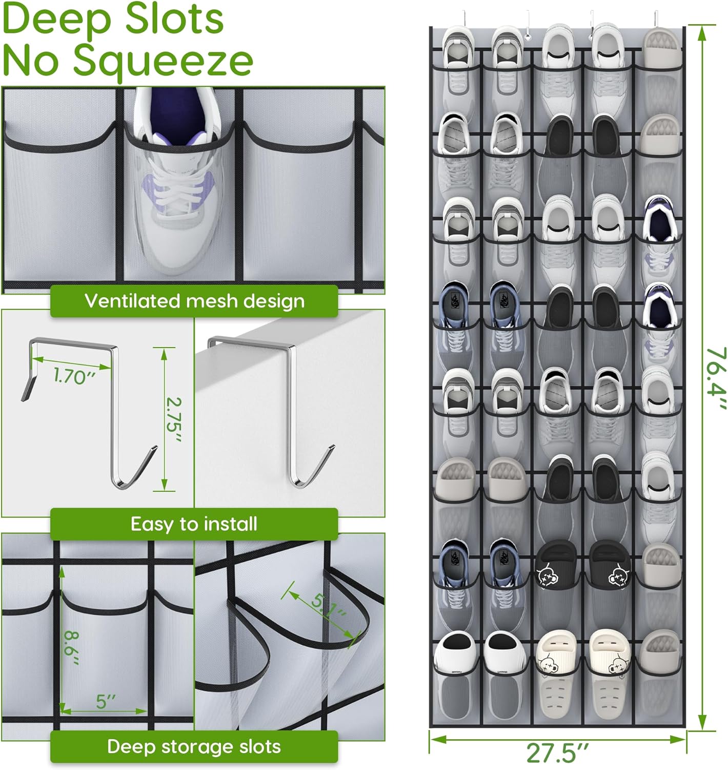 Unjumbly Over the Door Shoe Organizer with 40 Large Breathable Mesh Pockets, Space Saving Shoe Holder, Hanging Shoe Rack for Entryway Bedroom Closet Storage (Grey, 80 Pockets)